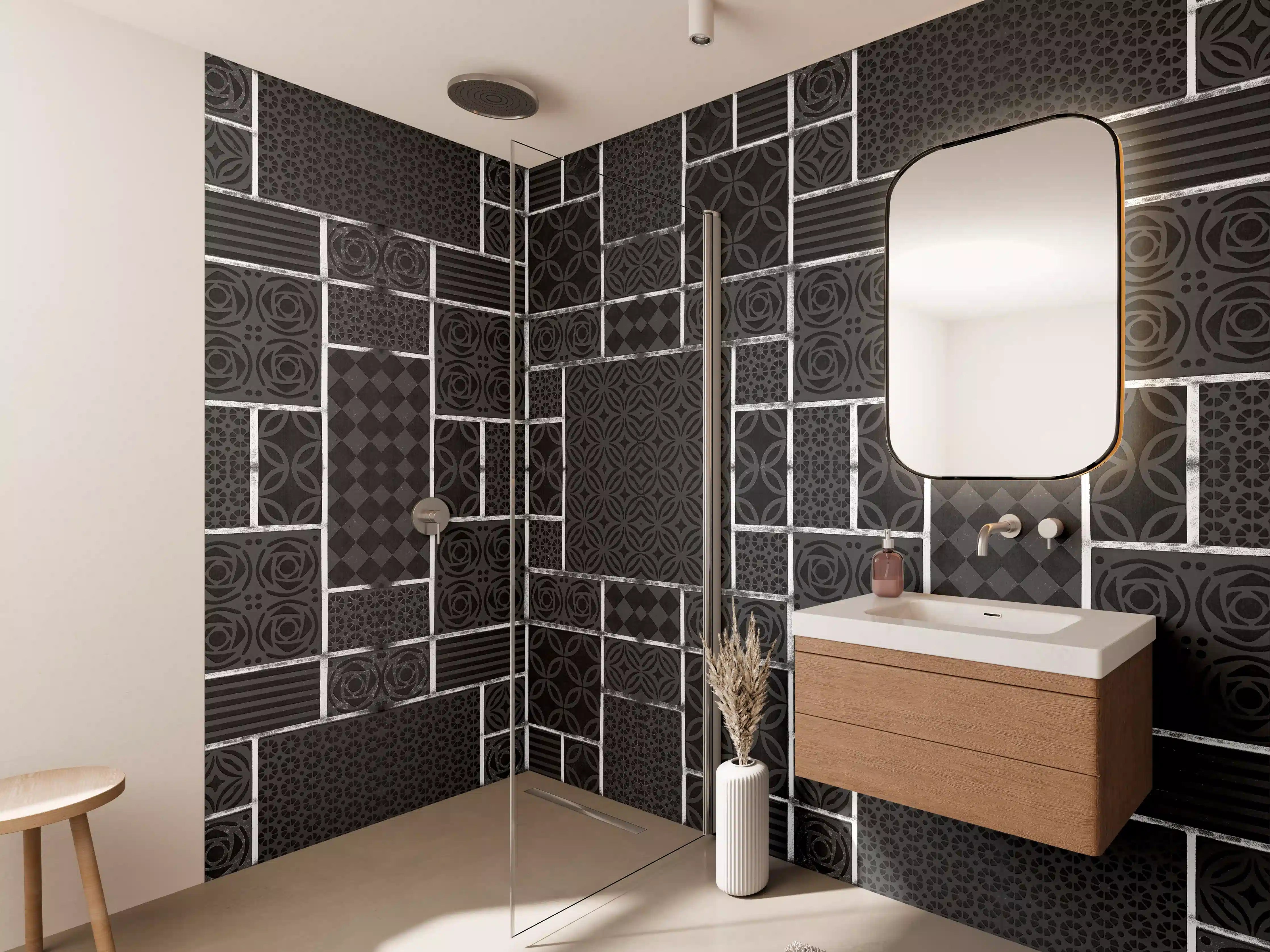 Wandverkleidung Bad - Schwarz geometrische Fliesen