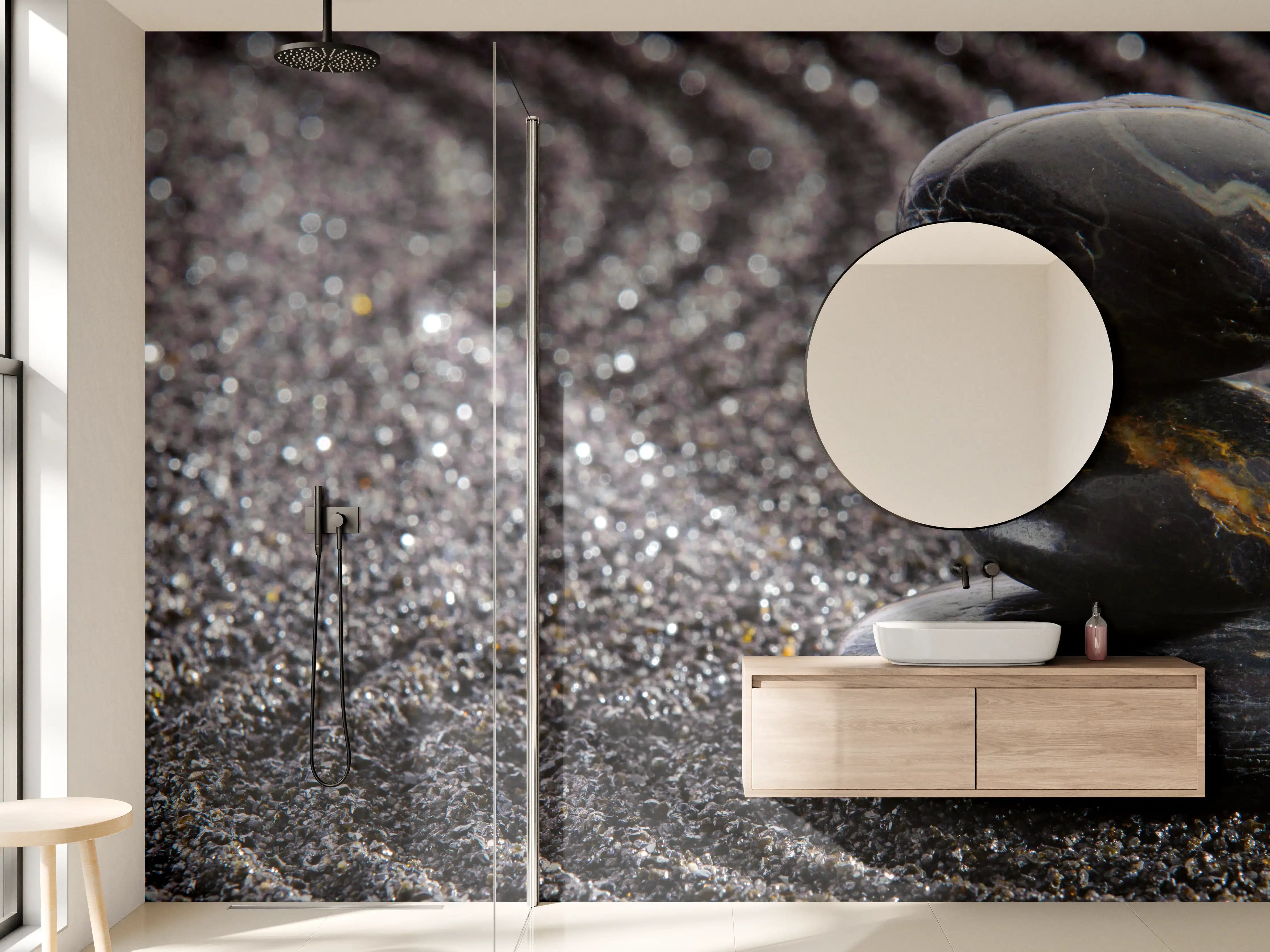 Wandverkleidung Bad - Schwarz-graue Sandmuster mit Steinen