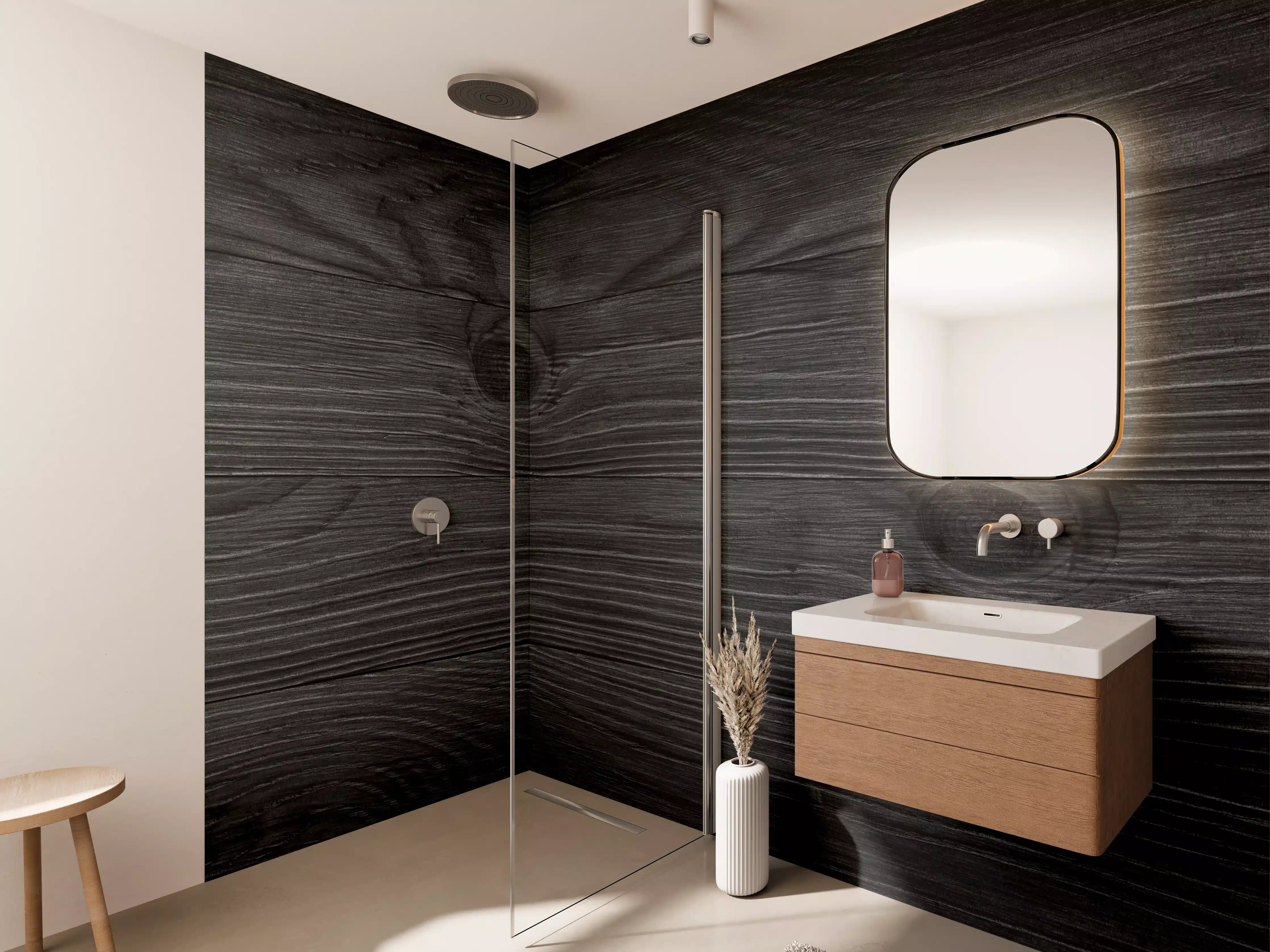 Wandverkleidung Bad - Schwarze Holz-Textur mit klarer Maserung