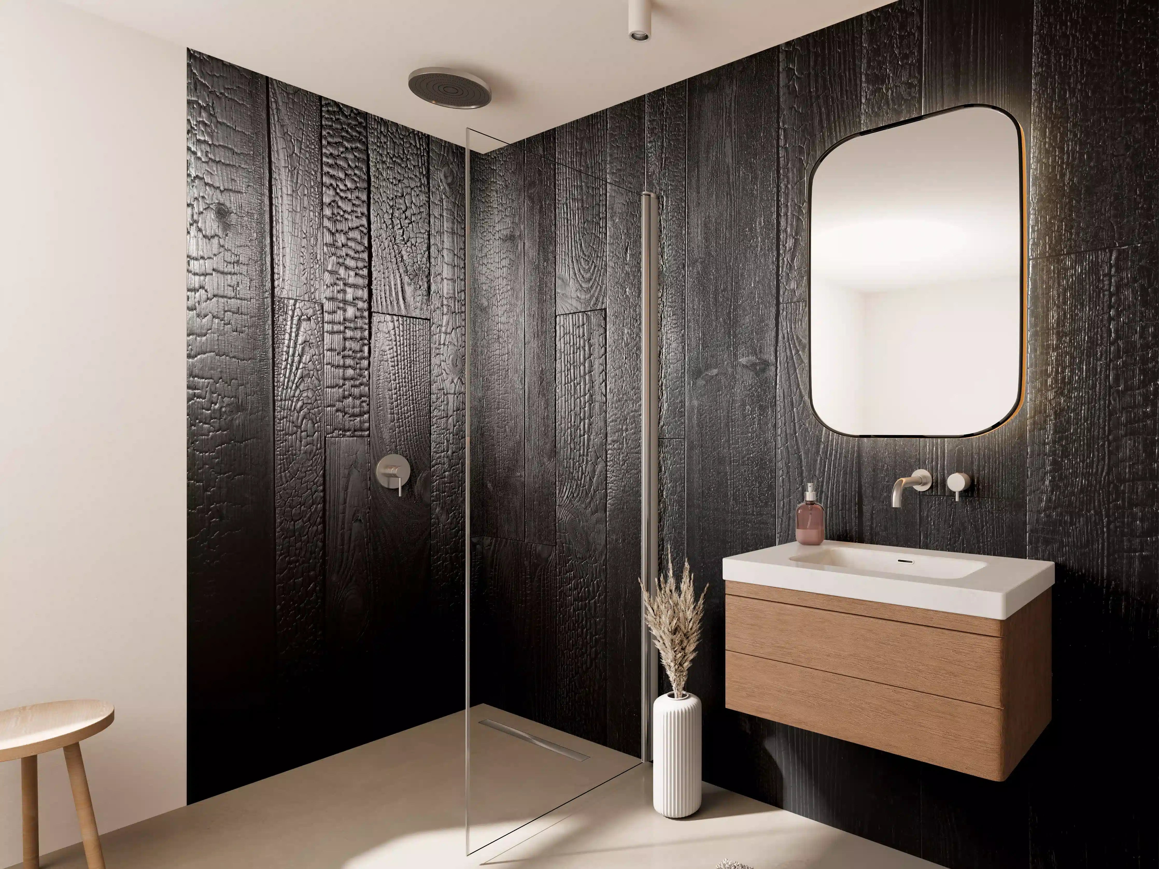 Wandverkleidung Bad - Schwarze Holzdielen in dunklem Finish