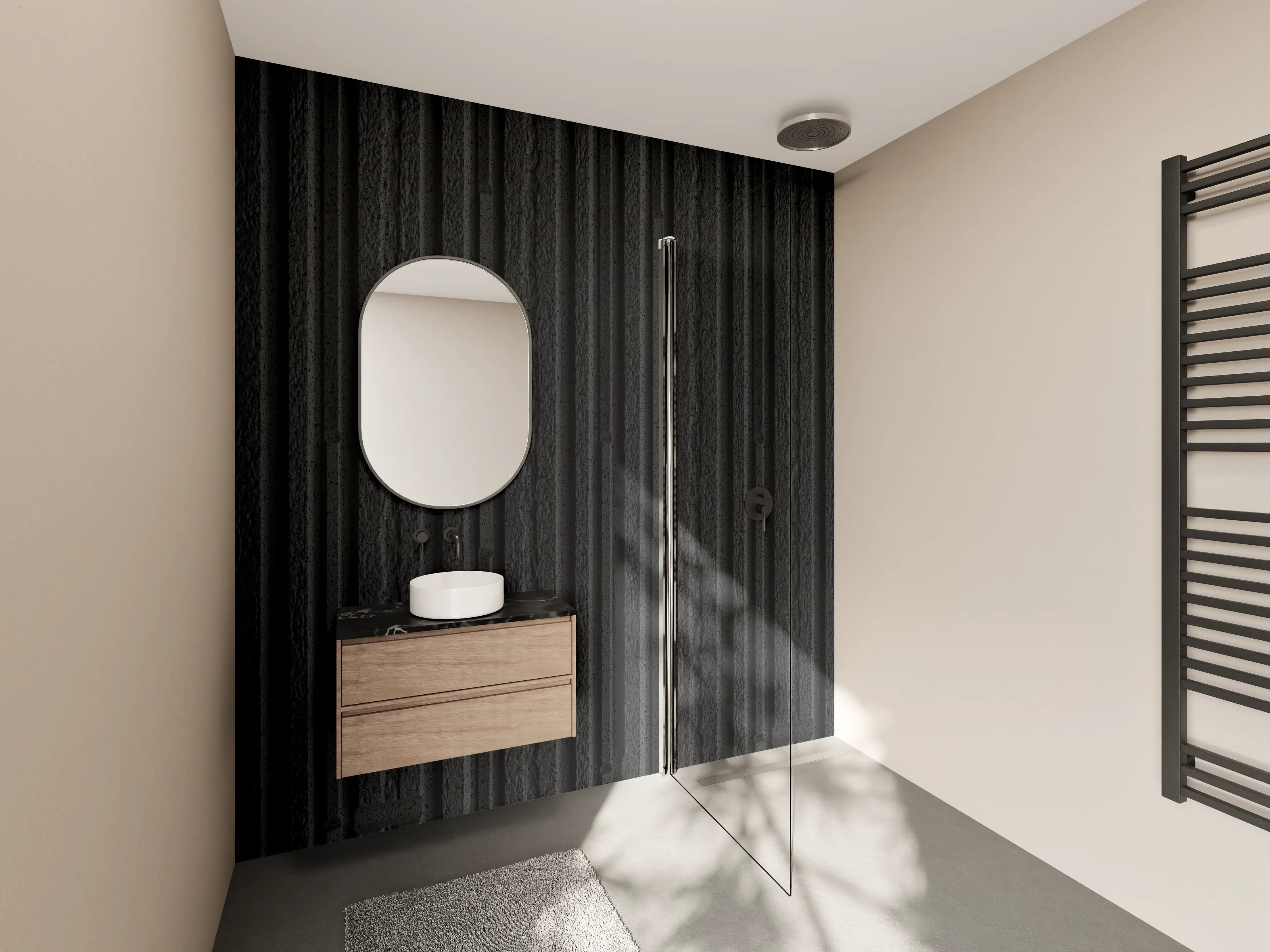 Wandverkleidung Bad - Schwarze Stahloberfläche mit vertikalen Linien