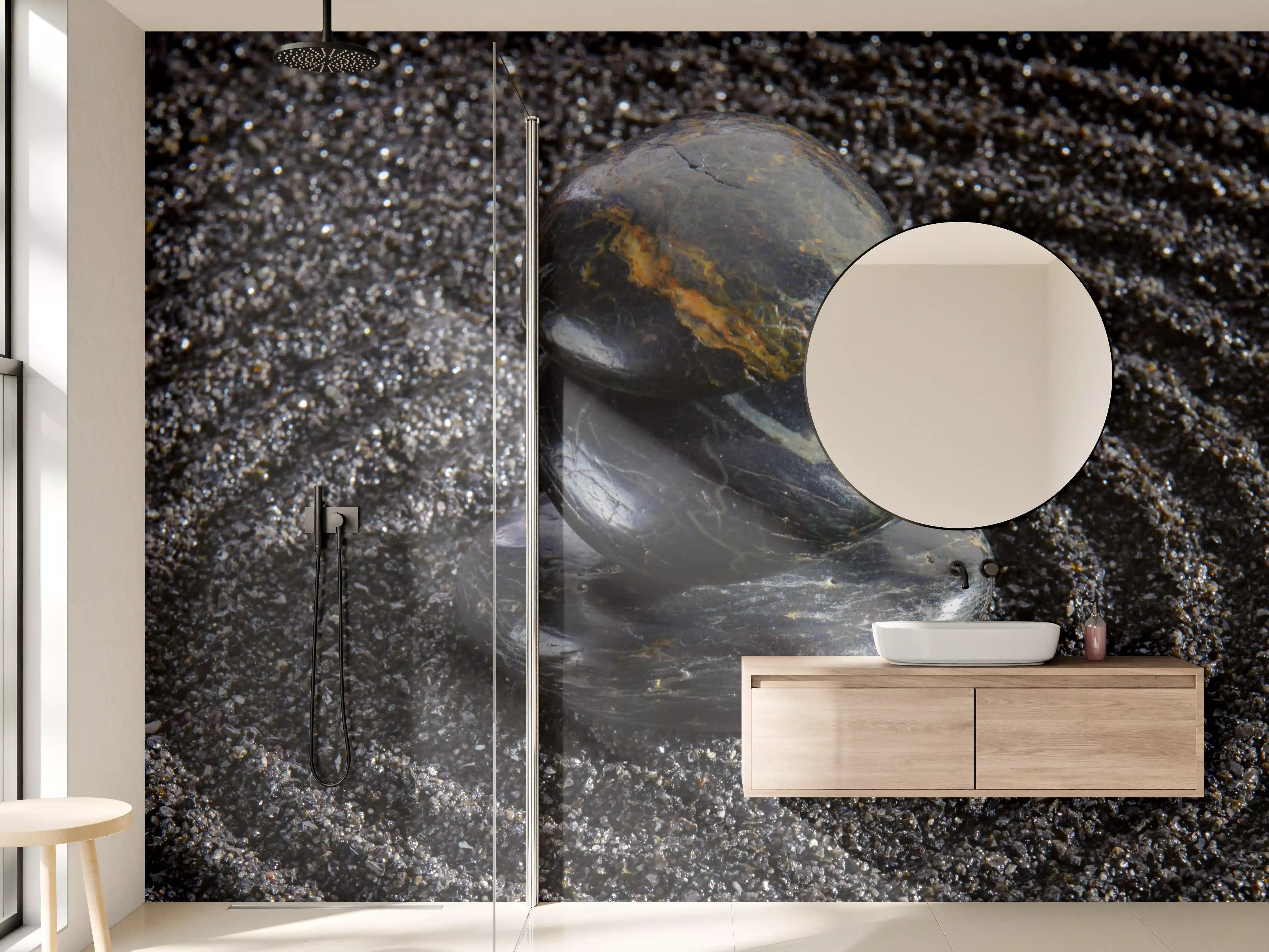 Wandverkleidung Bad - Schwarze Steine im Zen-Garten