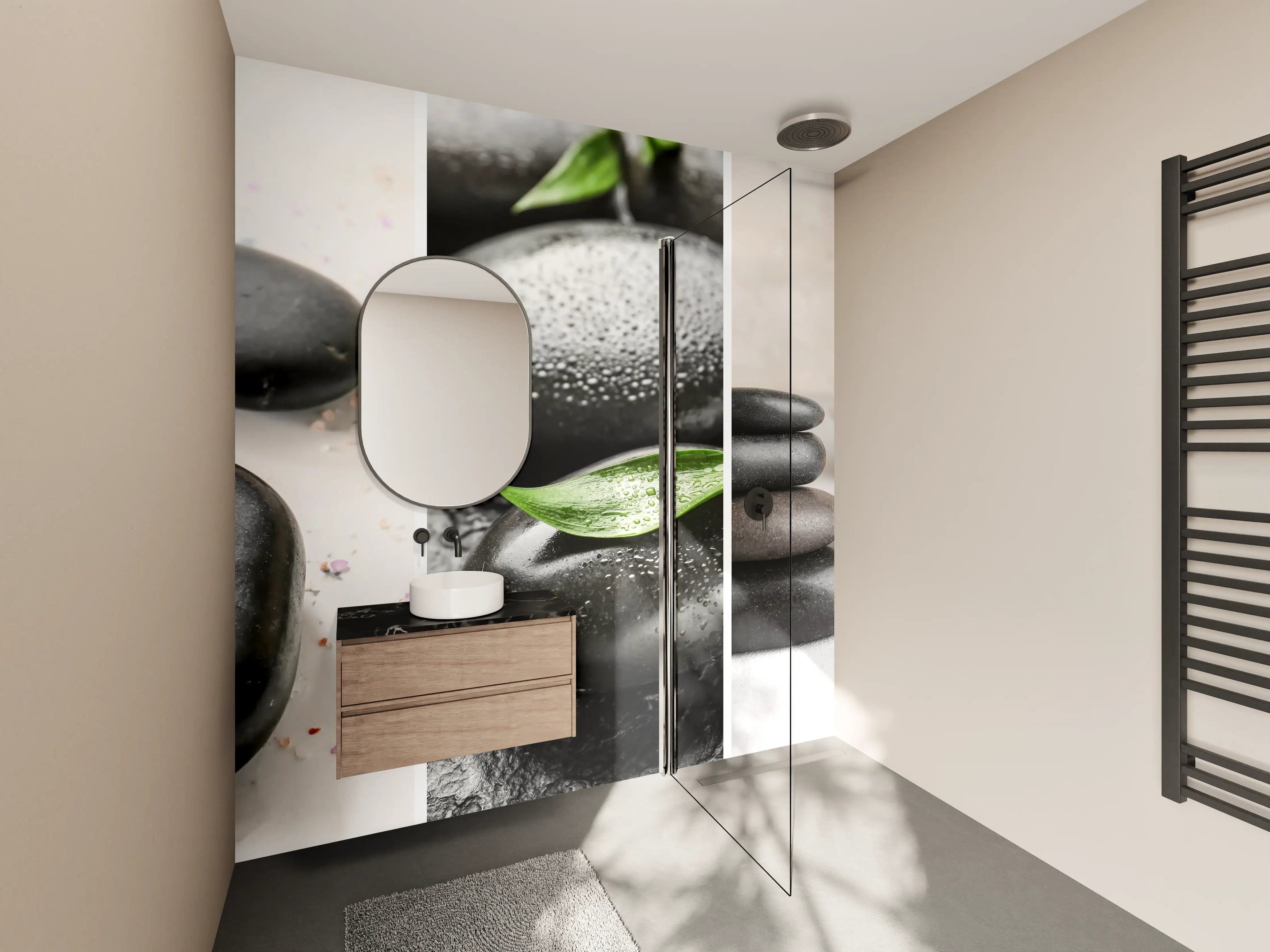 Wandverkleidung Bad - Schwarze Steine mit Wasser und Bambus