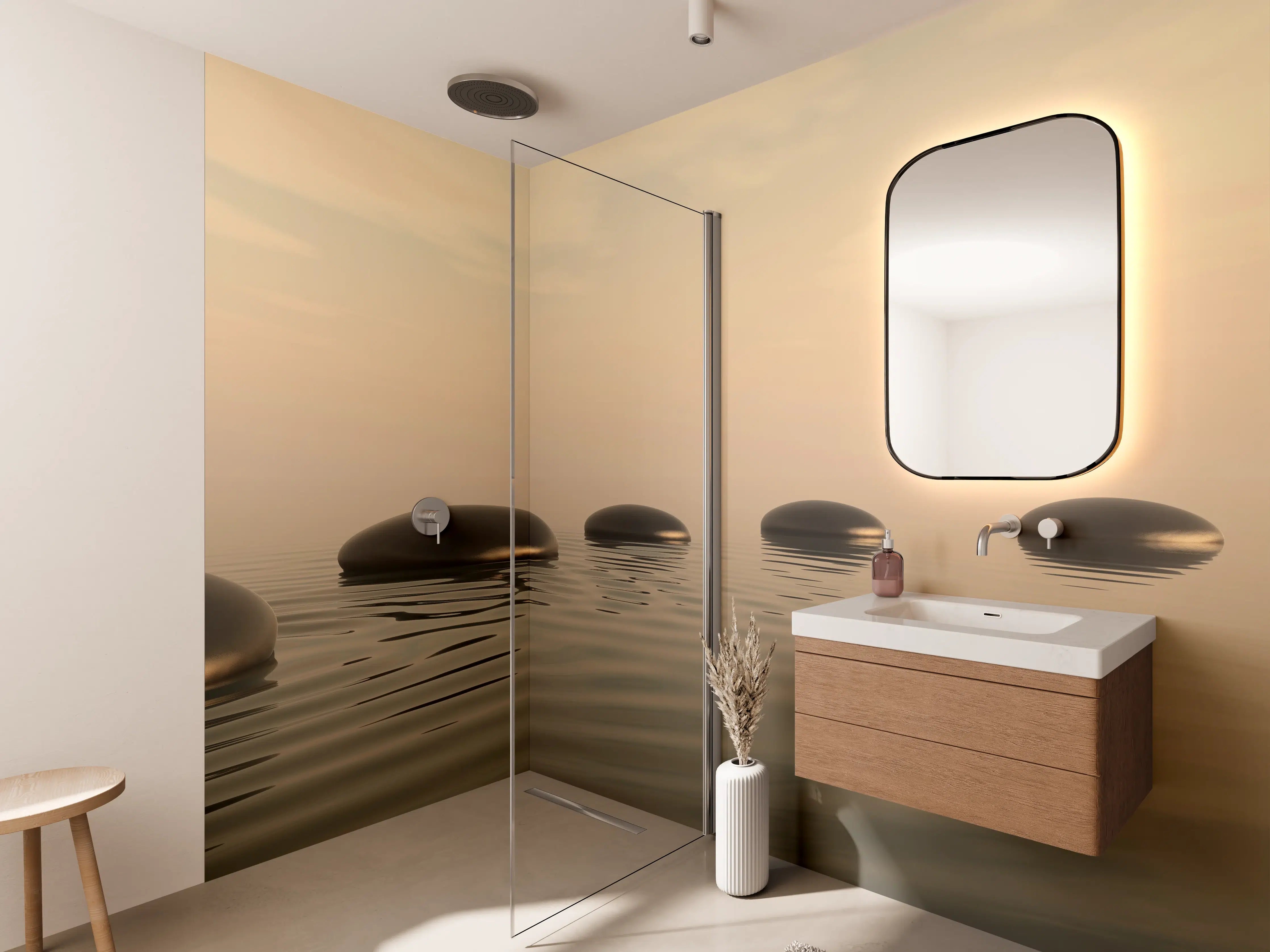 Wandverkleidung Bad - Schwarze Zen-Steine auf ruhigem Beige