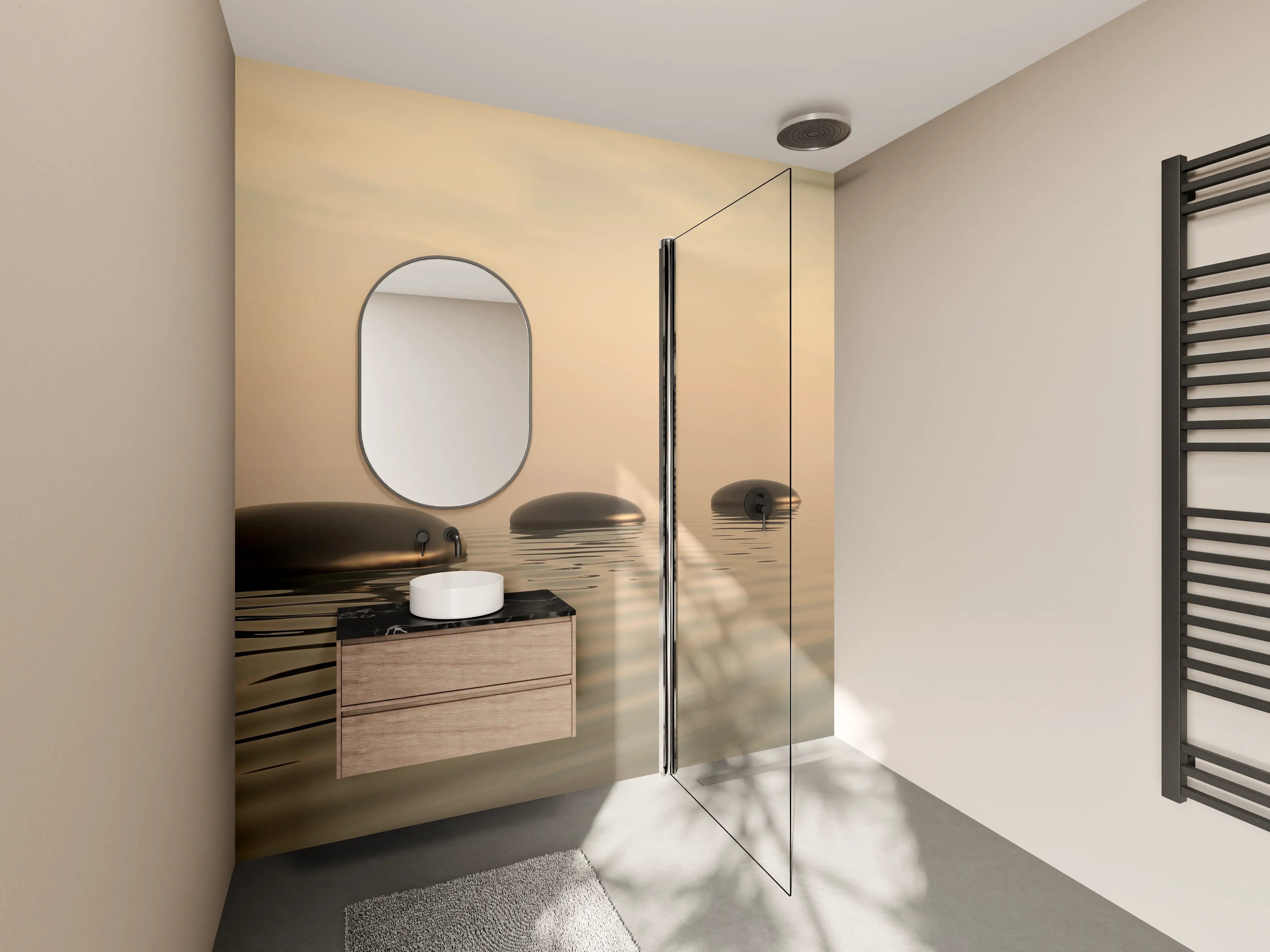 Wandverkleidung Bad - Schwarze Zen-Steine auf ruhigem Beige
