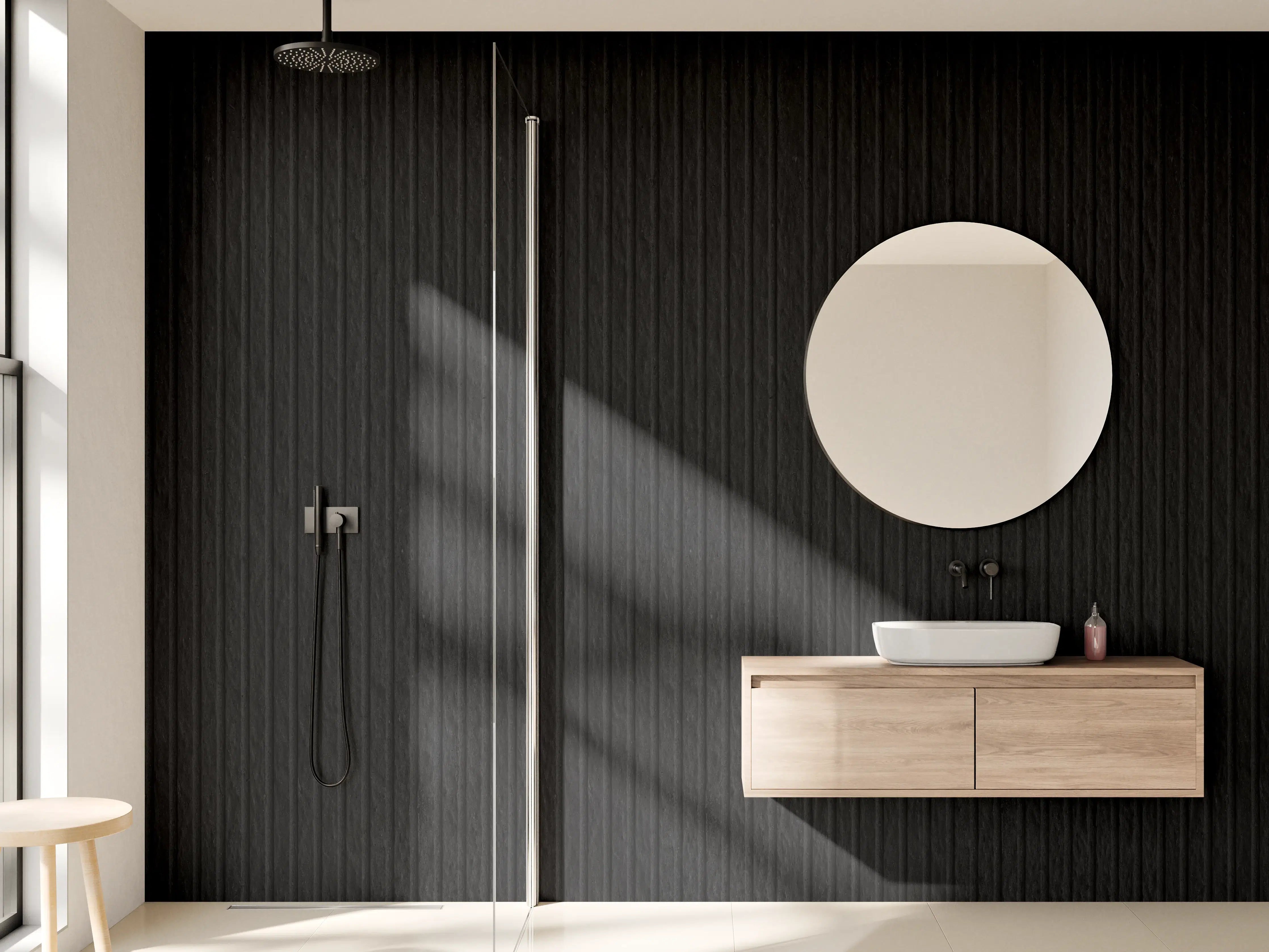 Wandverkleidung Bad - Schwarze moderne Zementwand mit Linien Muster