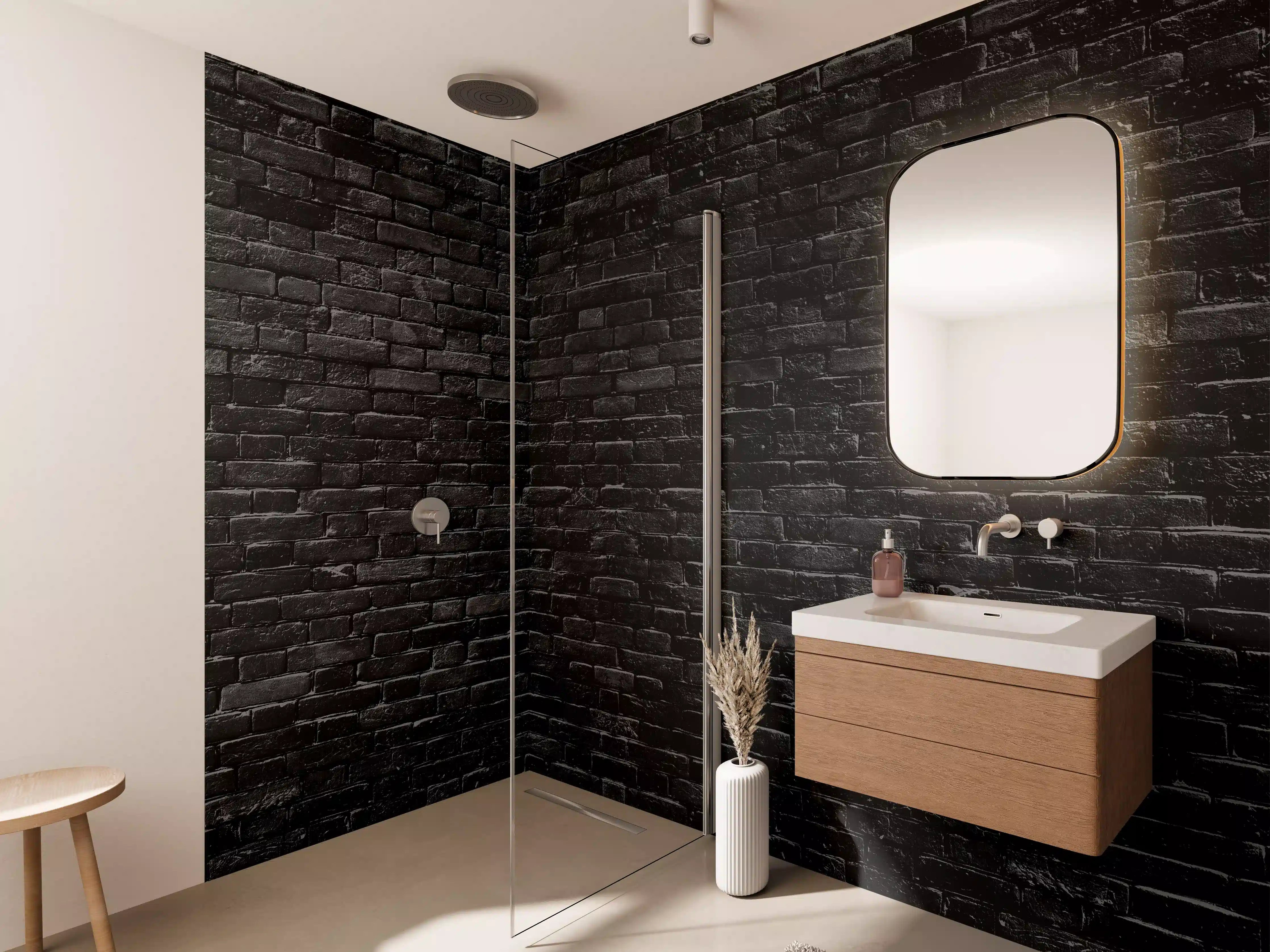 Wandverkleidung Bad - Schwarze raue Ziegelwand