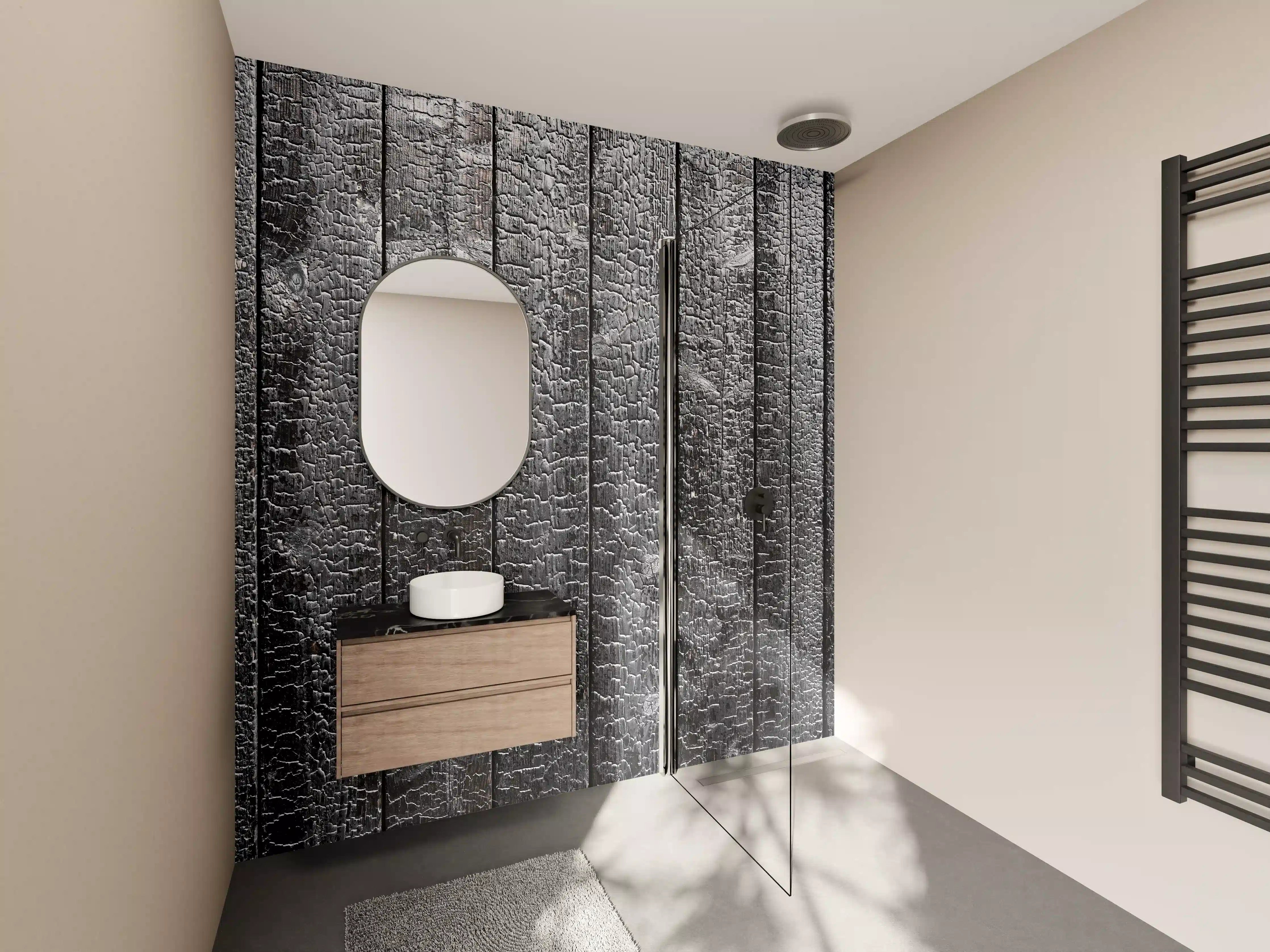 Wandverkleidung Bad - Schwarzer Holzbrandmuster-Textur