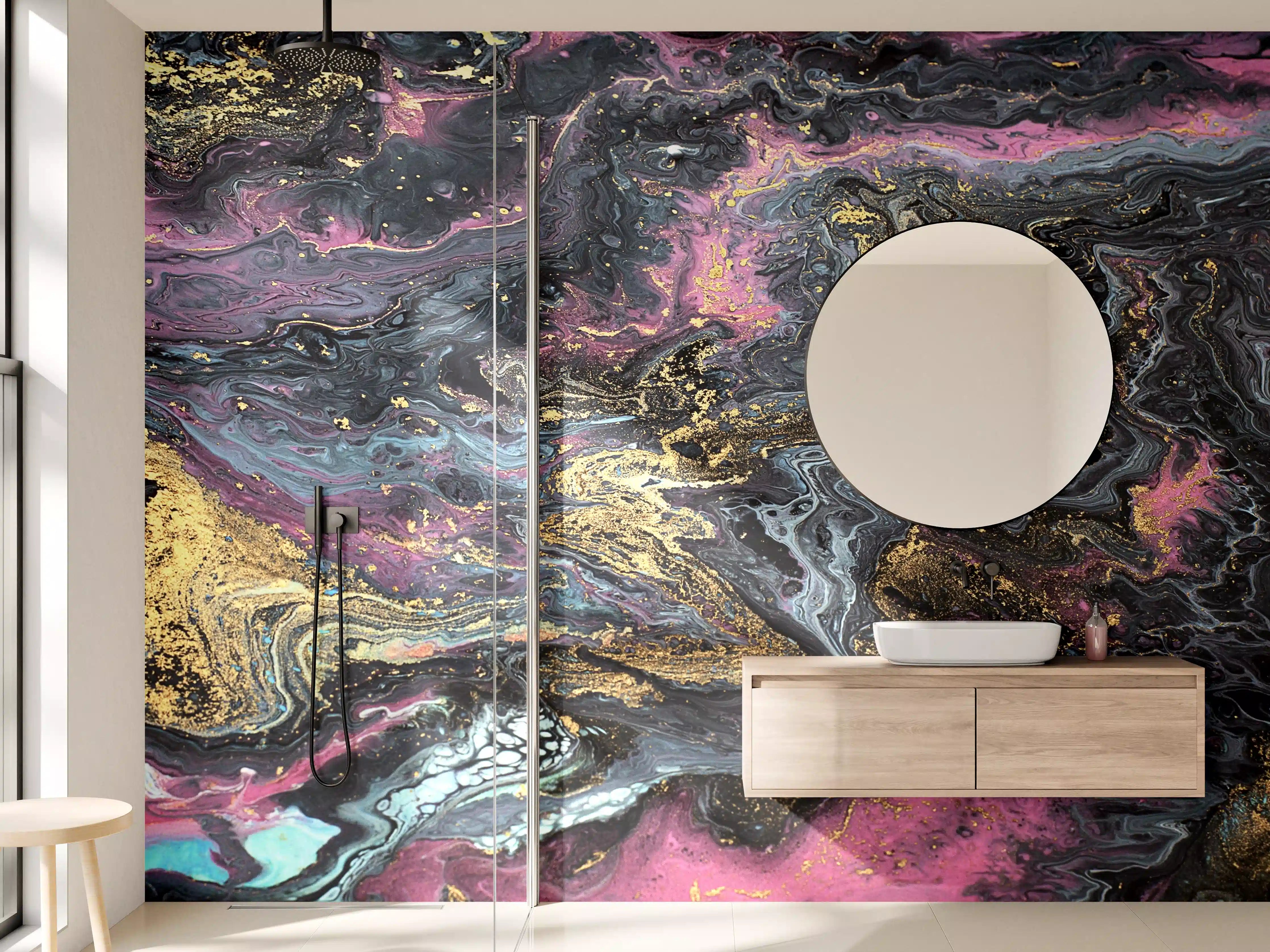 Wandverkleidung Bad - Schwarzer, goldener und lila Marmor-Textur