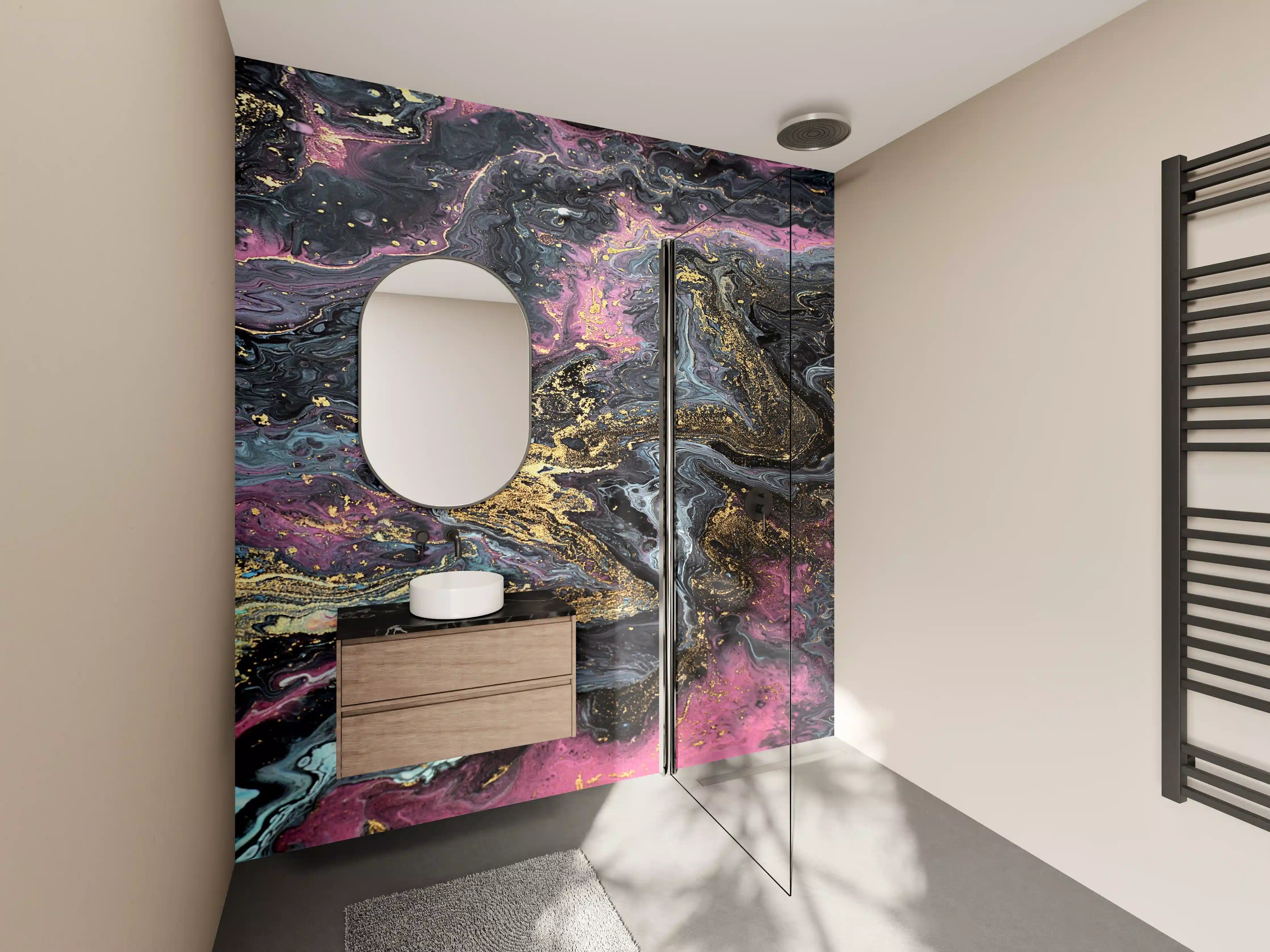 Wandverkleidung Bad - Schwarzer, goldener und lila Marmor-Textur