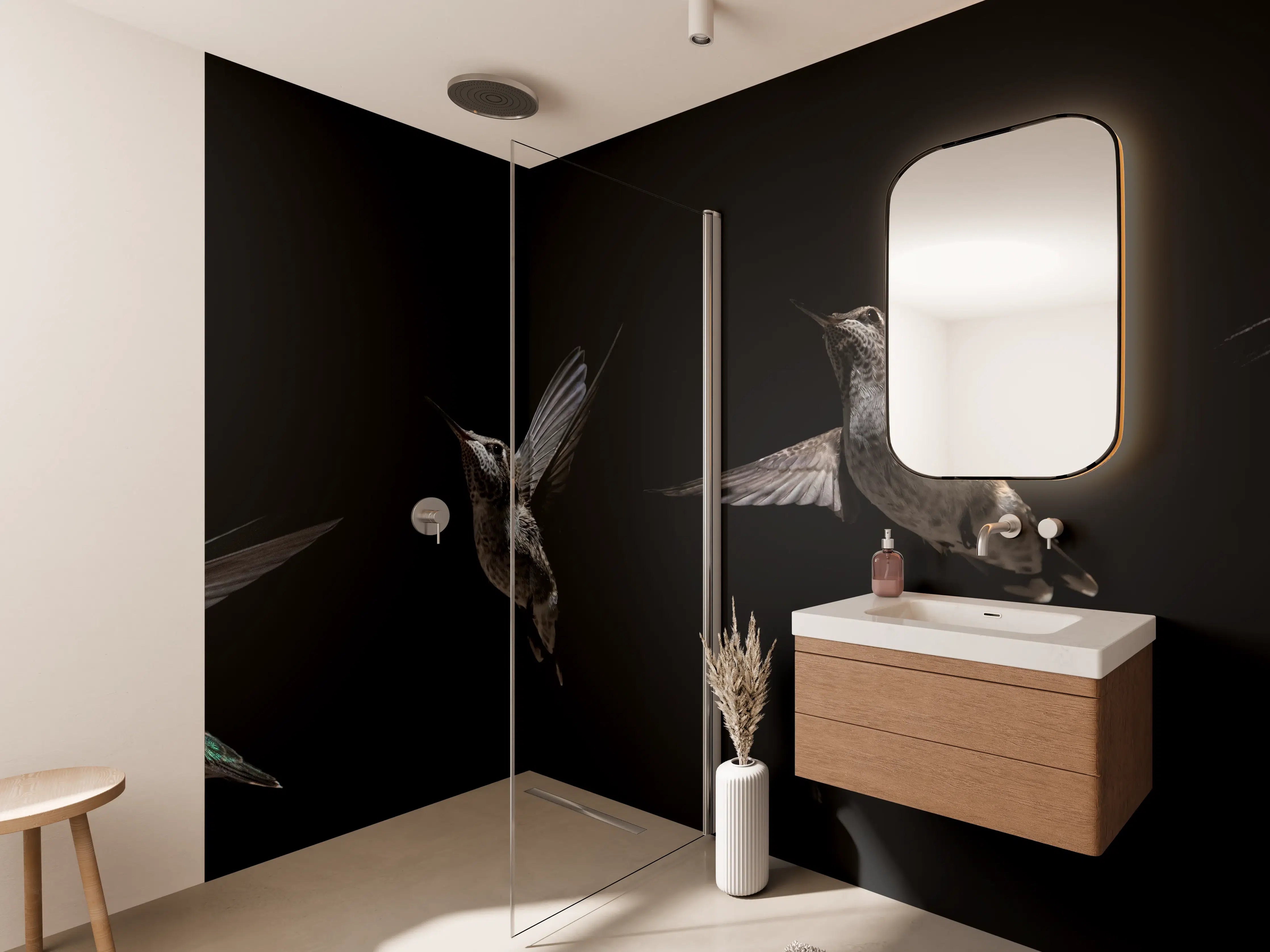 Wandverkleidung Bad - Schwarzkinnkolibri Vogel mit Schwarzem Hintergrund