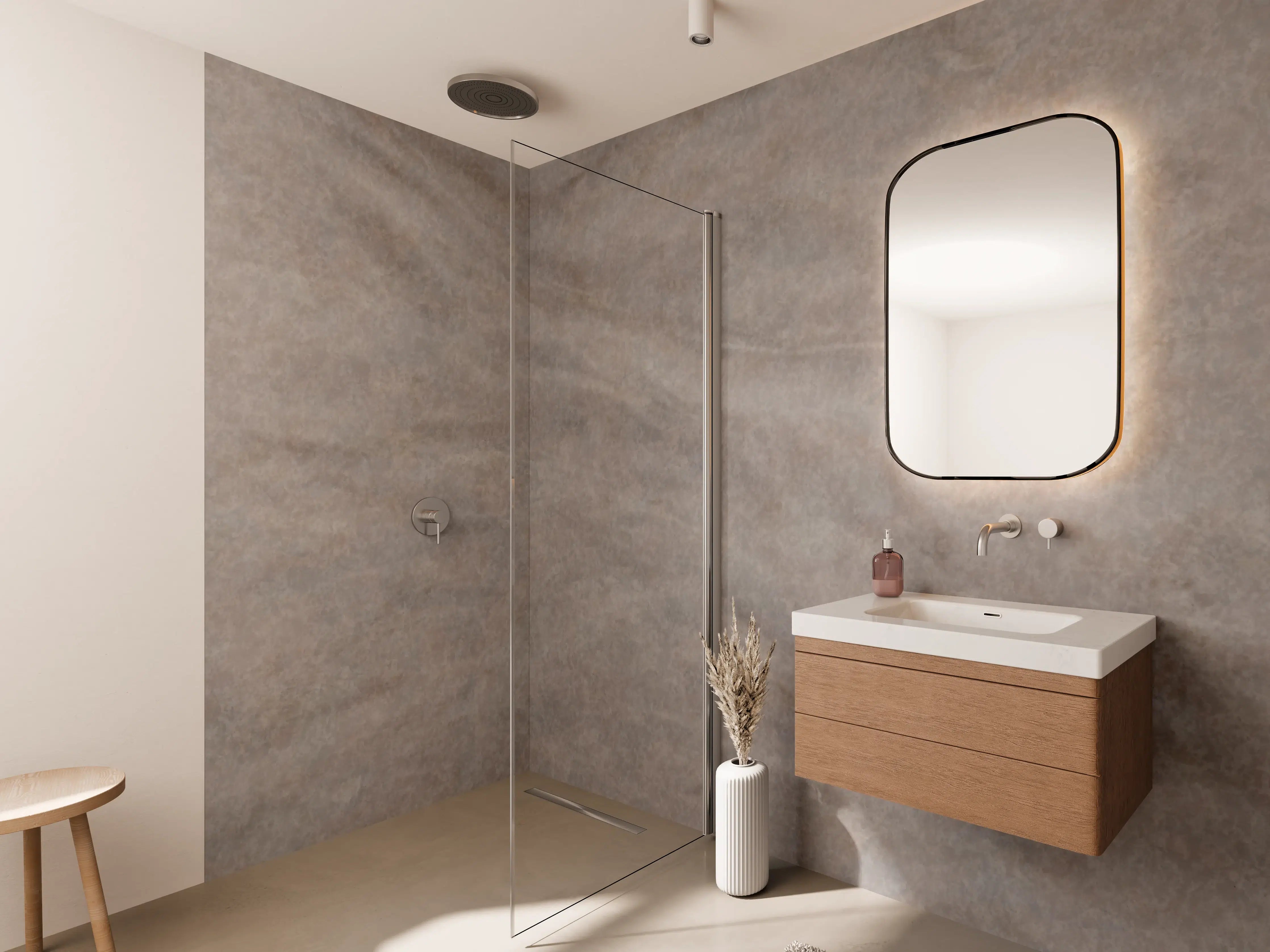 Wandverkleidung Bad - Seidige Grau-Beige Marmortextur
