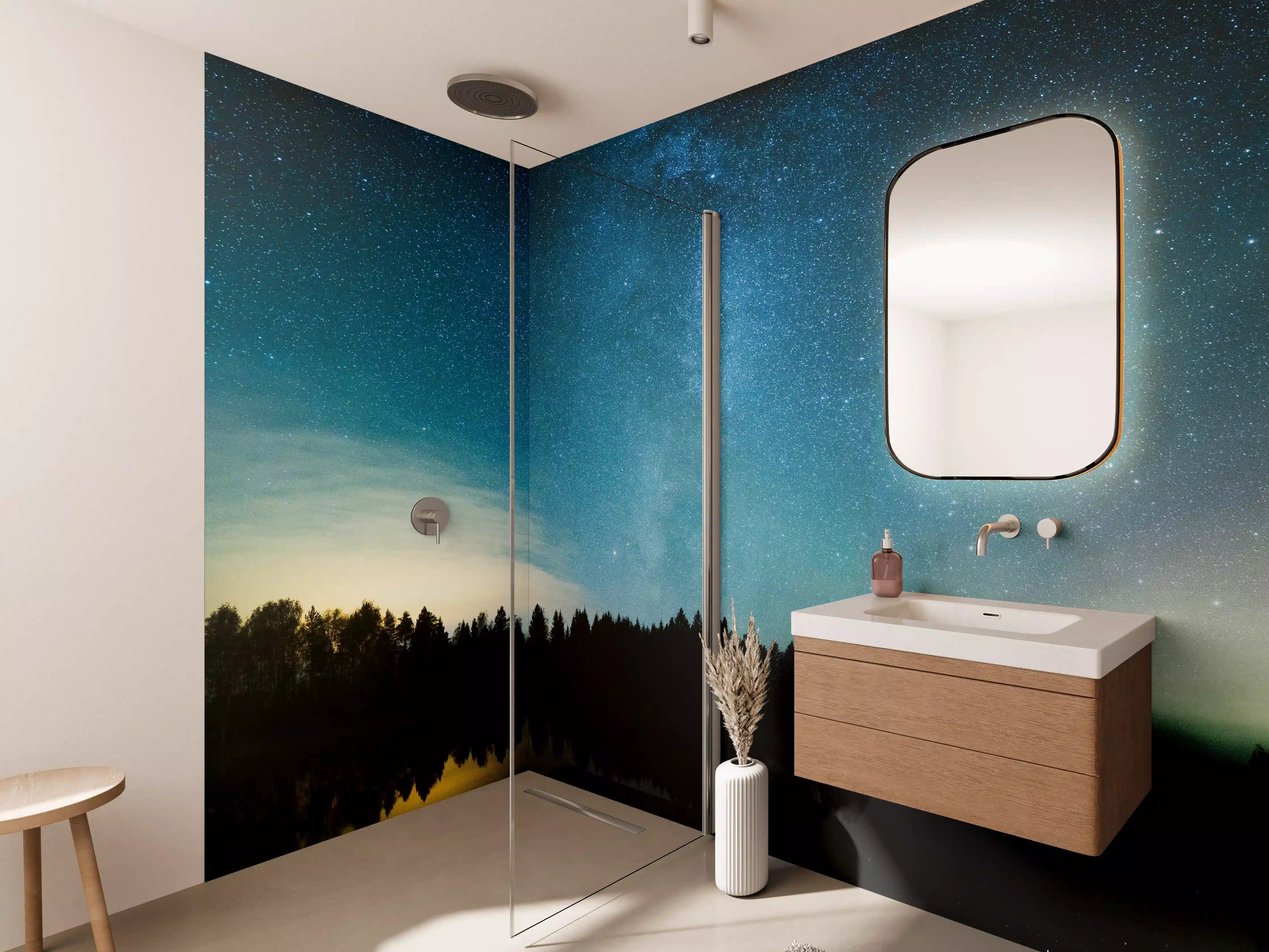 Wandverkleidung Bad - Silberne Nordlichter über stiller Wasserfläche