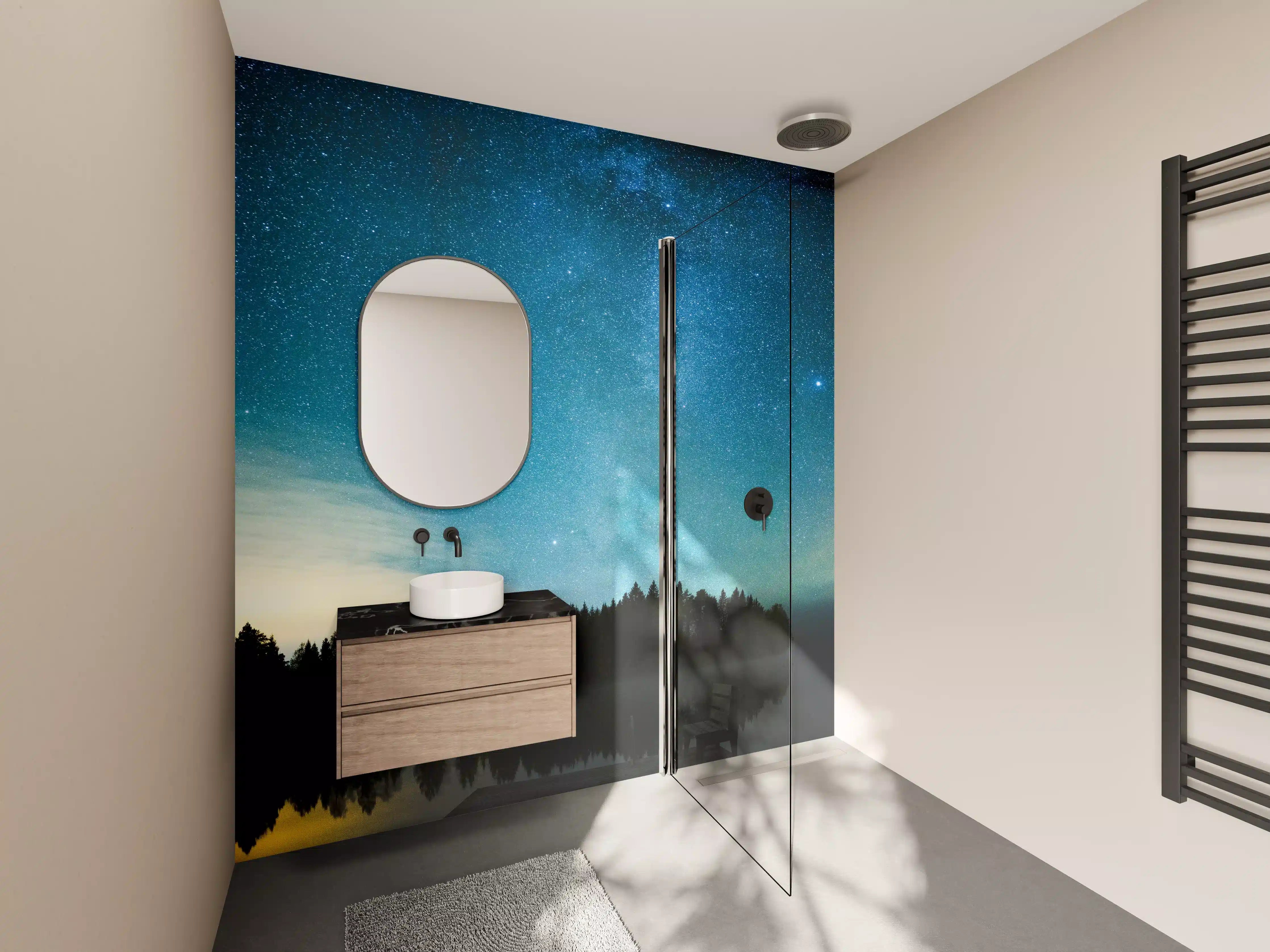 Wandverkleidung Bad - Silberne Nordlichter über stiller Wasserfläche