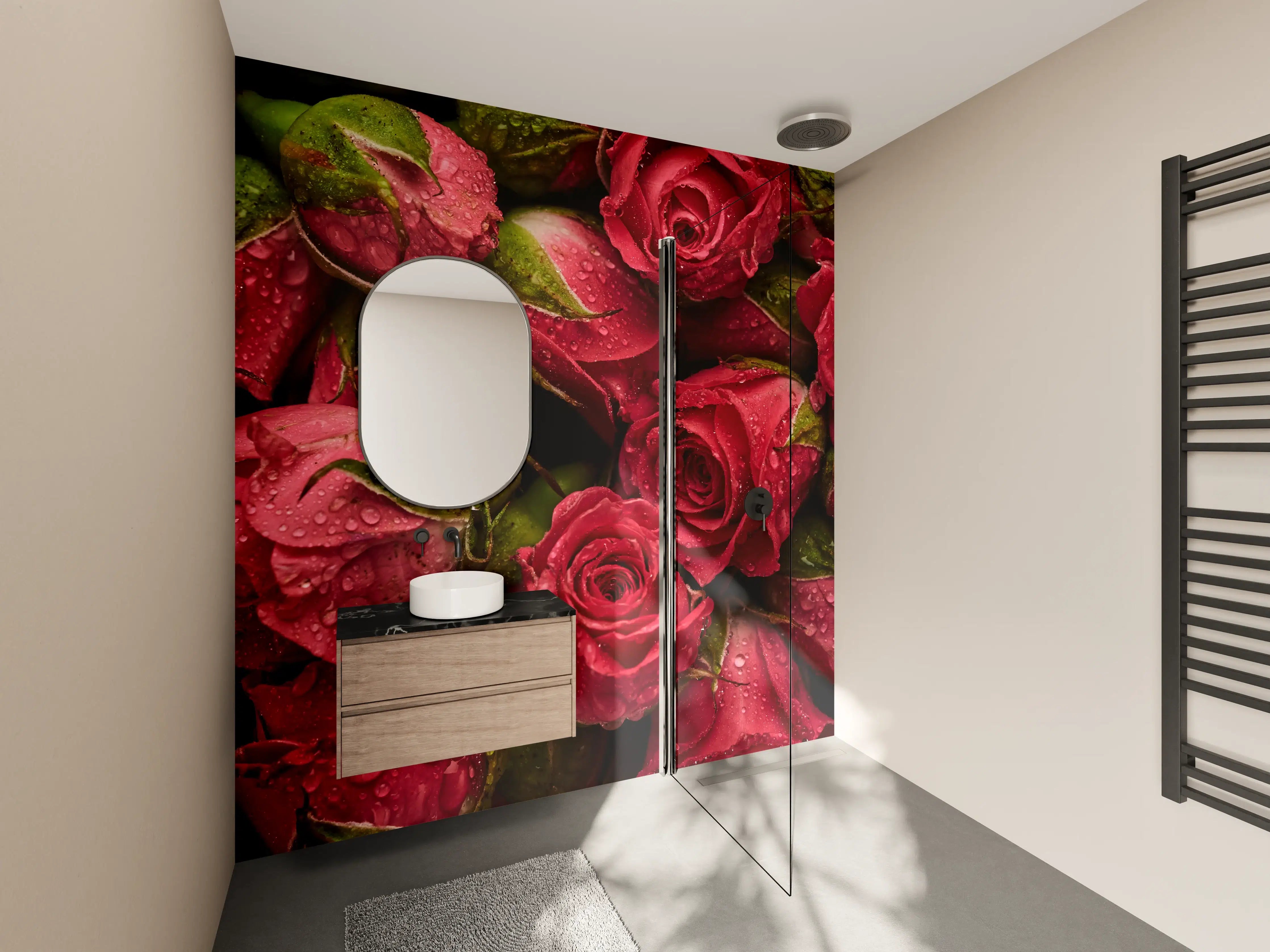 Wandverkleidung Bad - Silberne Rosen mit Tauperlen