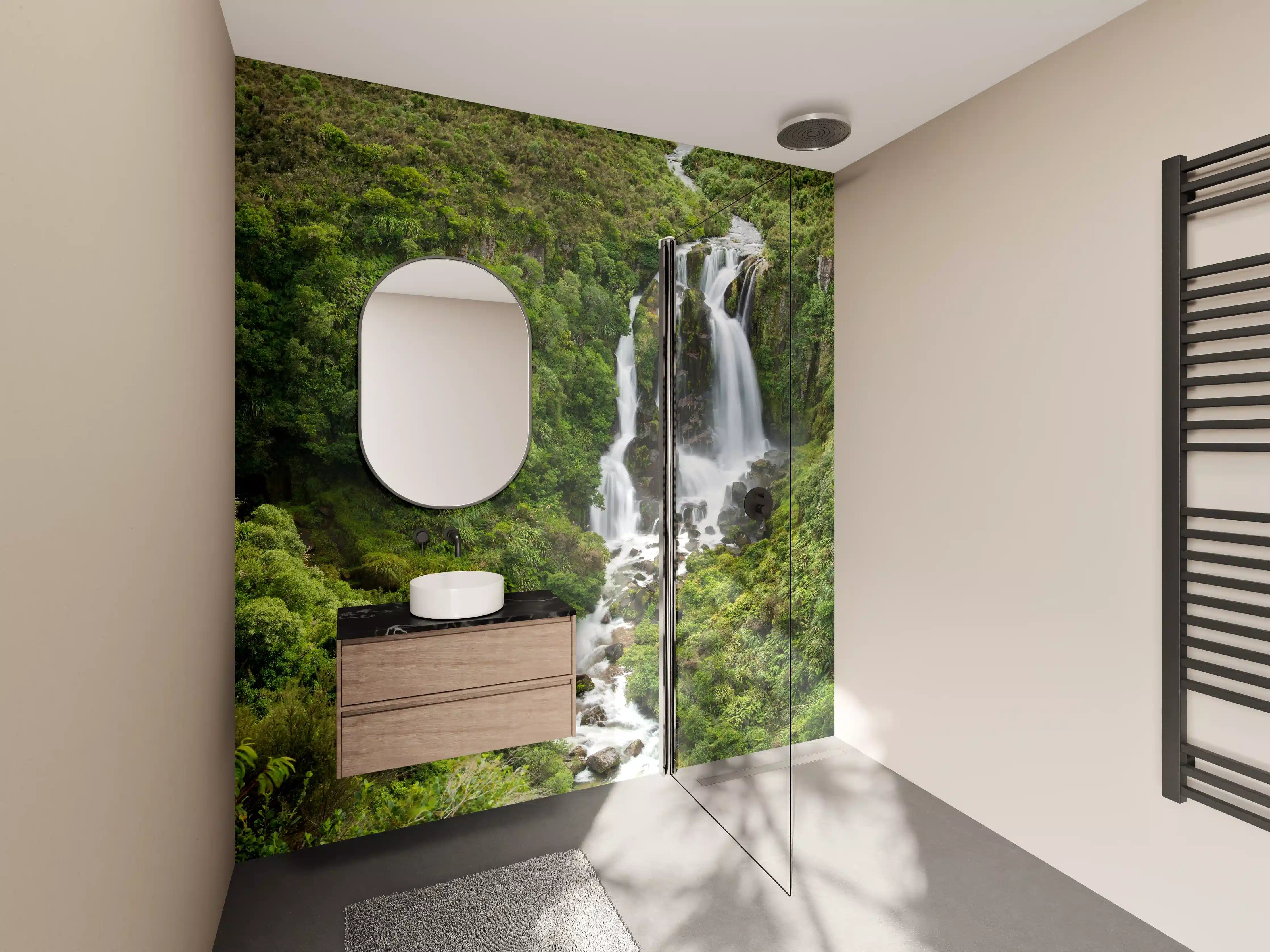Wandverkleidung Bad - Silberner Wasserfall in smaragdgrüner Natur
