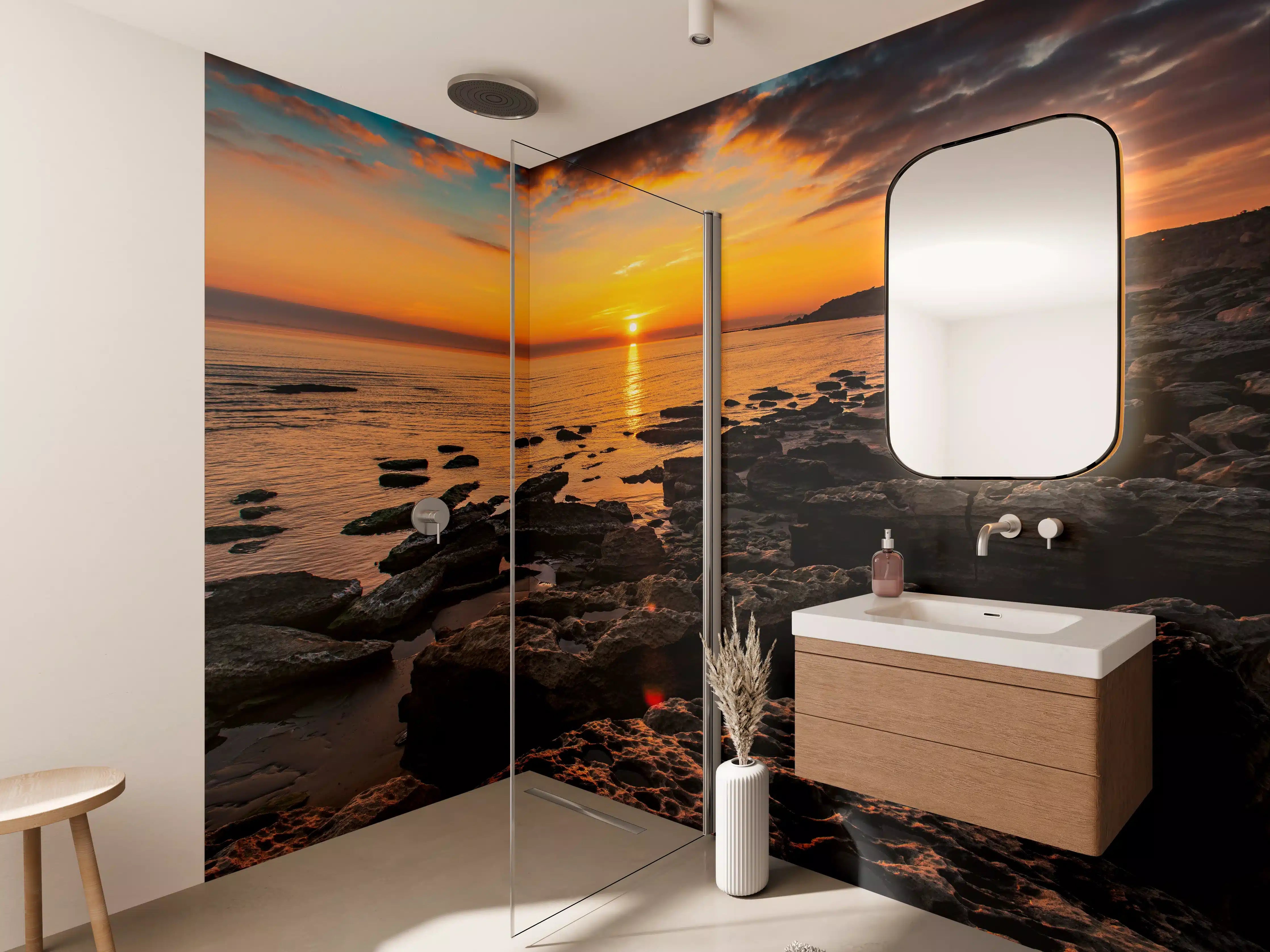 Wandverkleidung Bad - Silbernes Licht am Meer