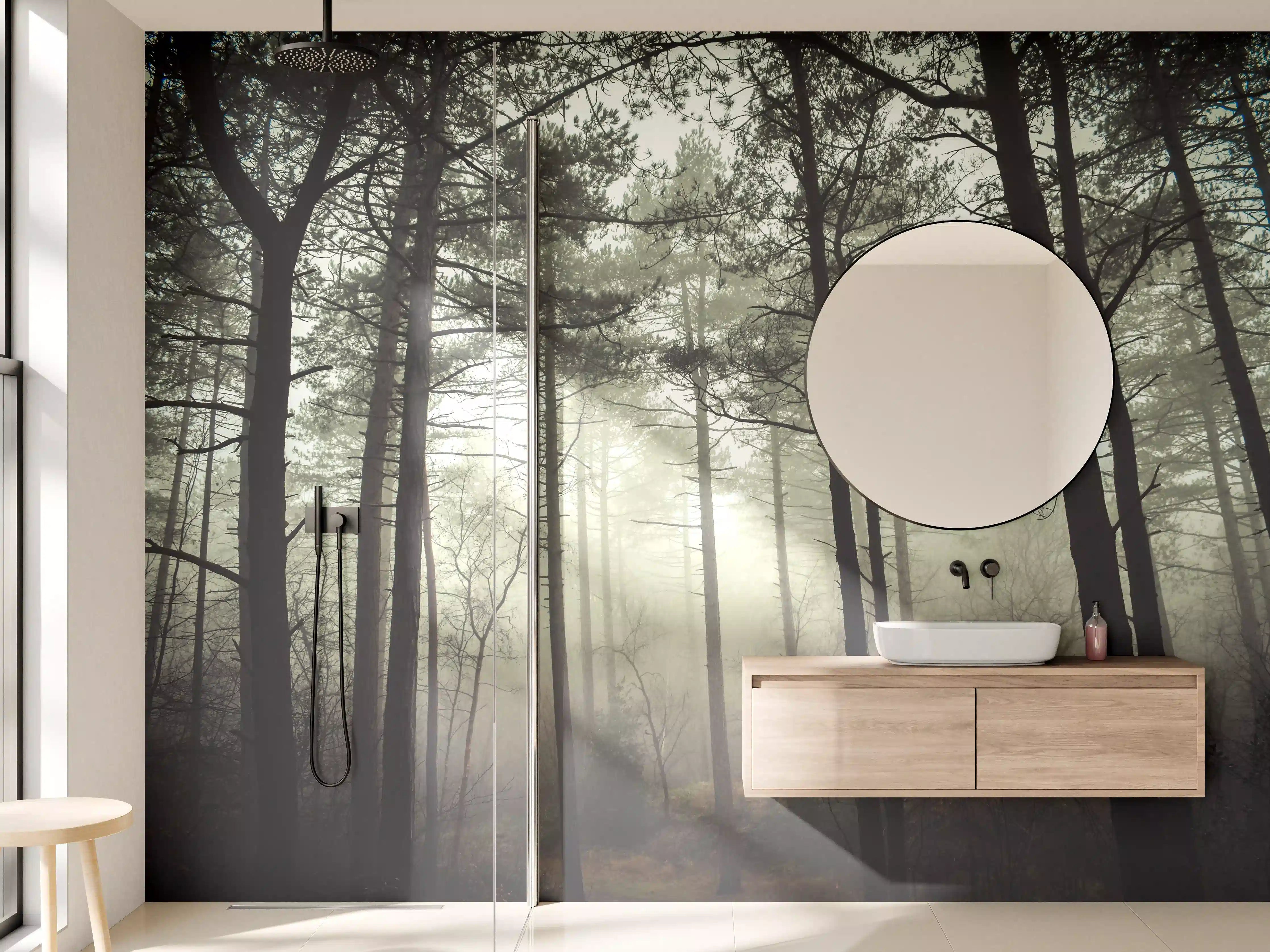 Wandverkleidung Bad - Silbriger Morgengrauen im Nebelwald