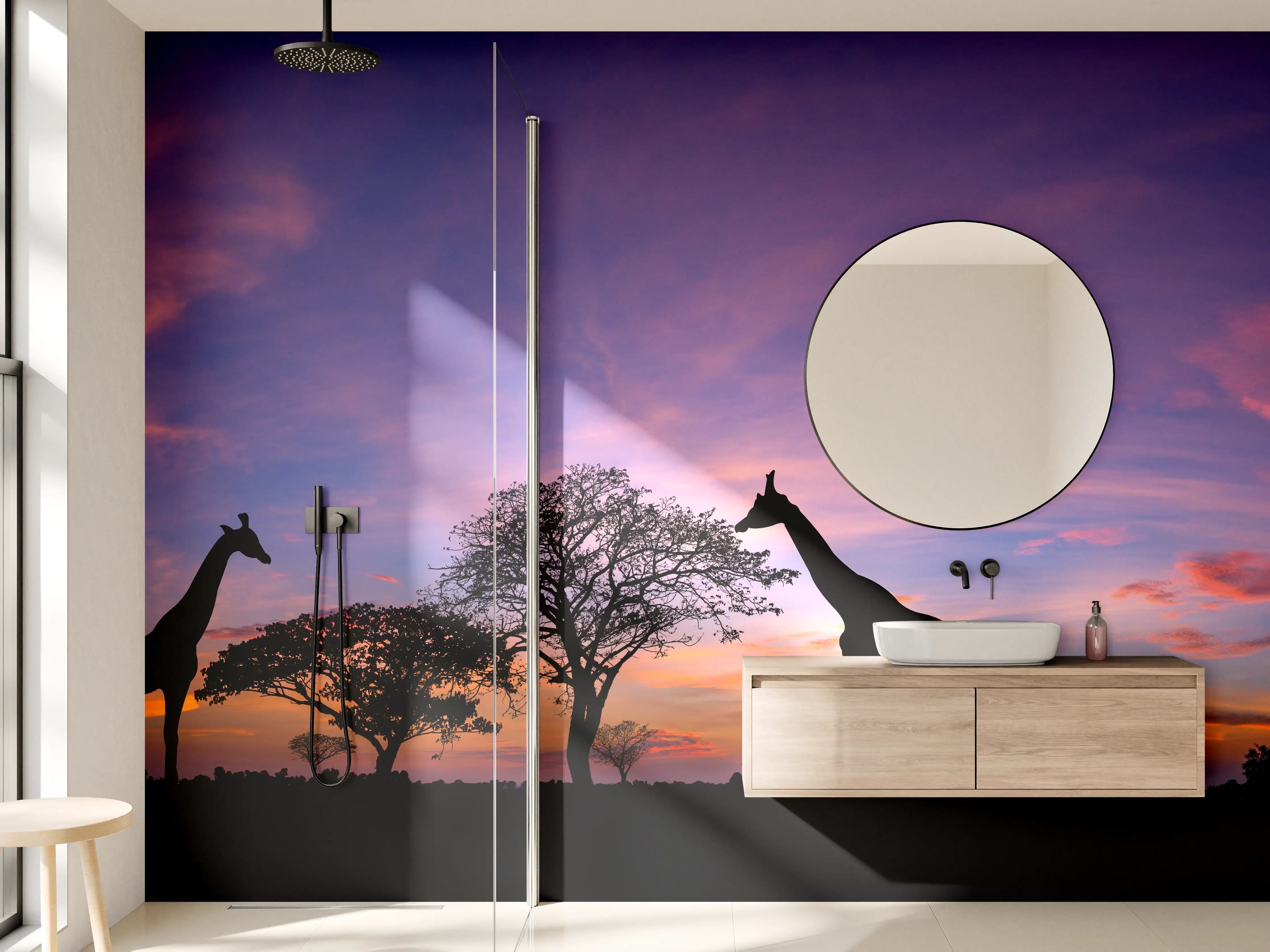Wandverkleidung Bad - Silhouette - Giraffenfamilie bei Sonnenuntergang