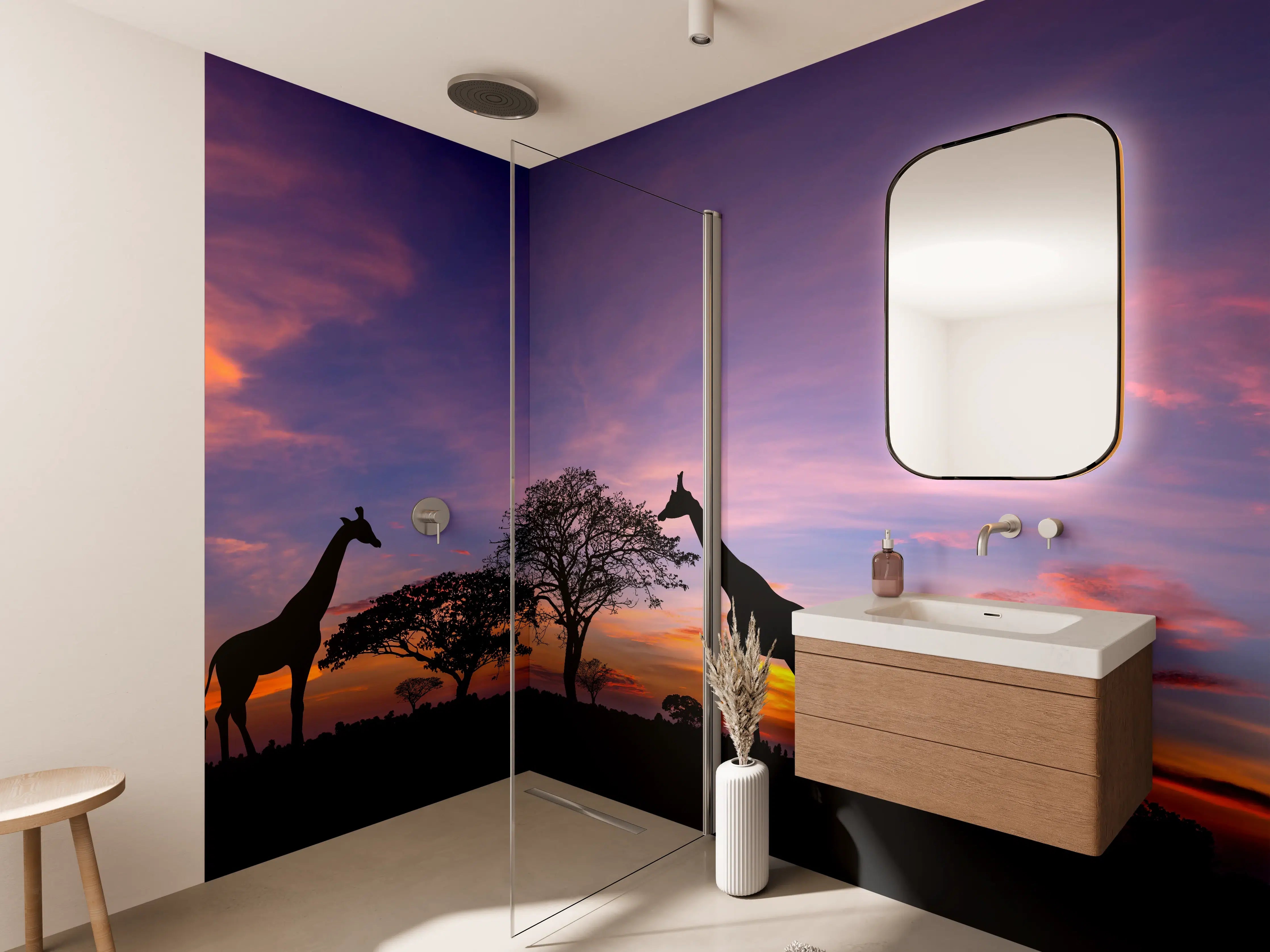 Wandverkleidung Bad - Silhouette - Giraffenfamilie bei Sonnenuntergang