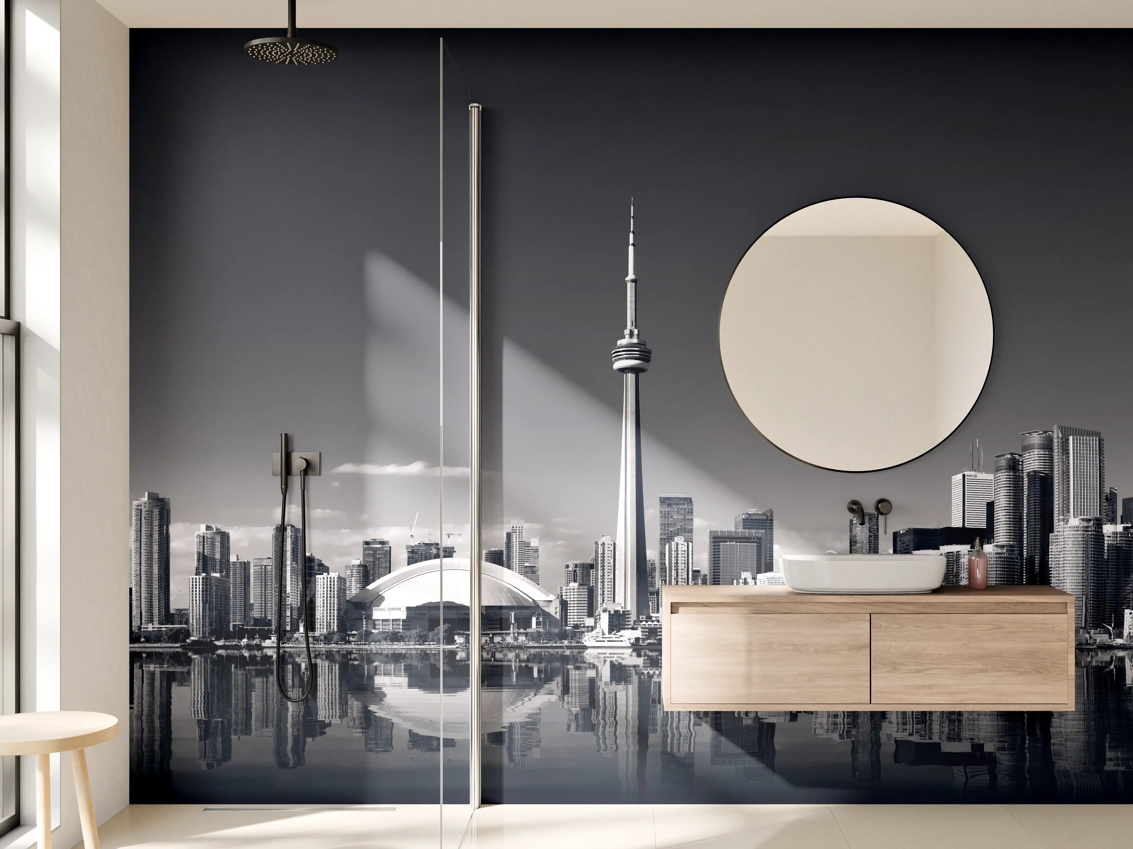 Wandverkleidung Bad - Skyline von Toronto mit CN Turm in schwarz weiß