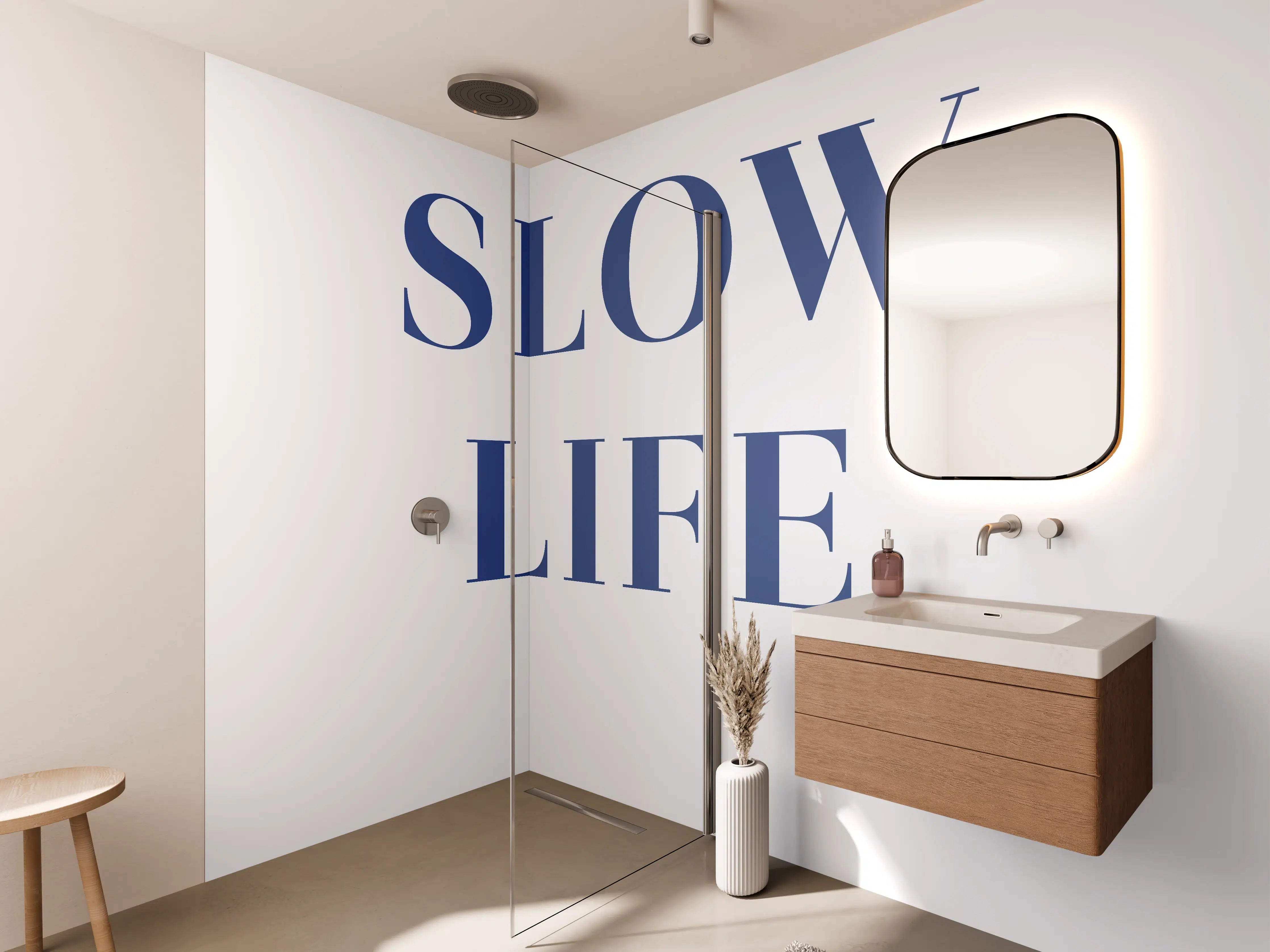 Wandverkleidung Bad - Slow Life Text in Blau auf Weiß