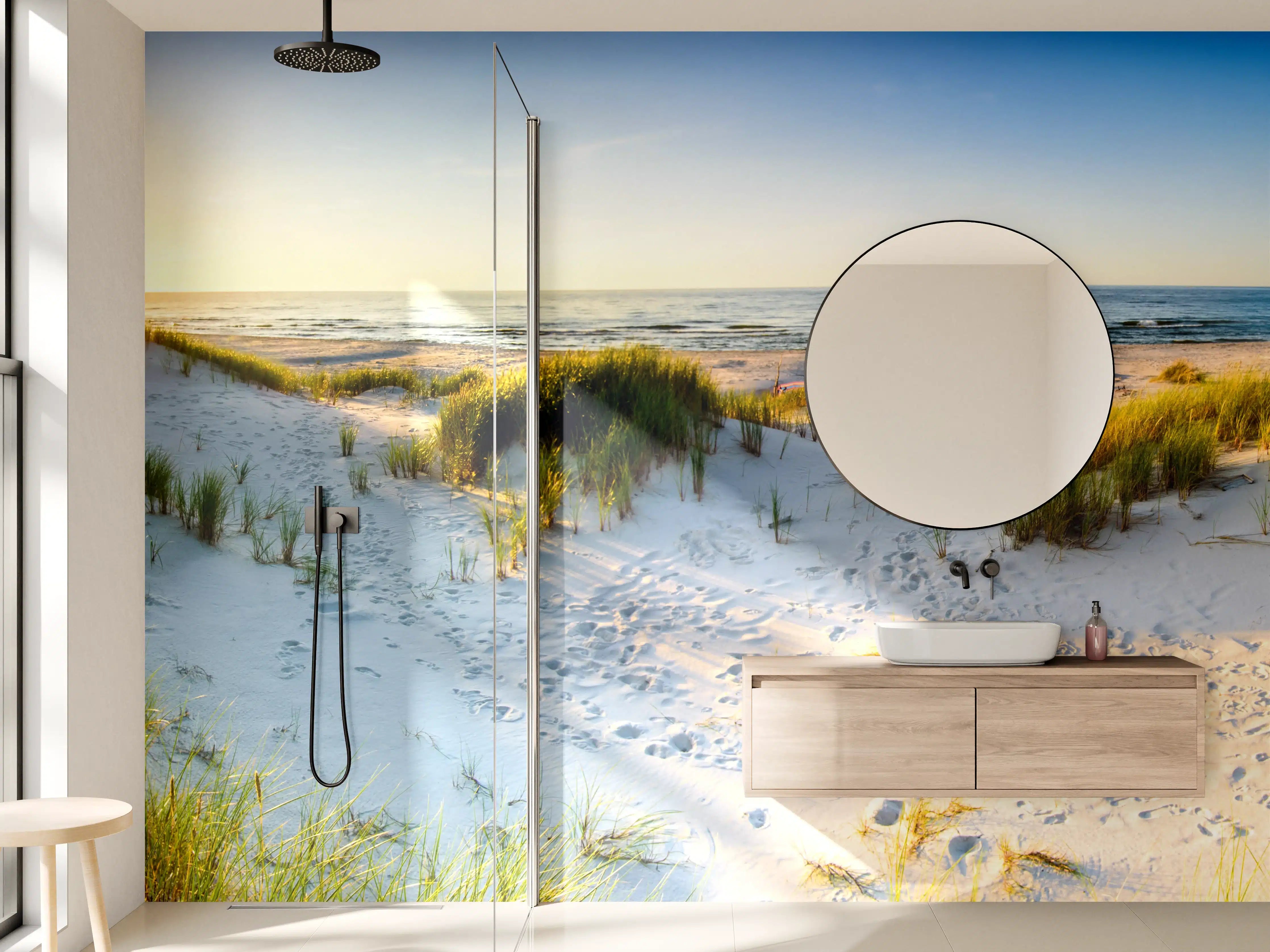 Wandverkleidung Bad - Sonnenaufgang über Dünen am Meer