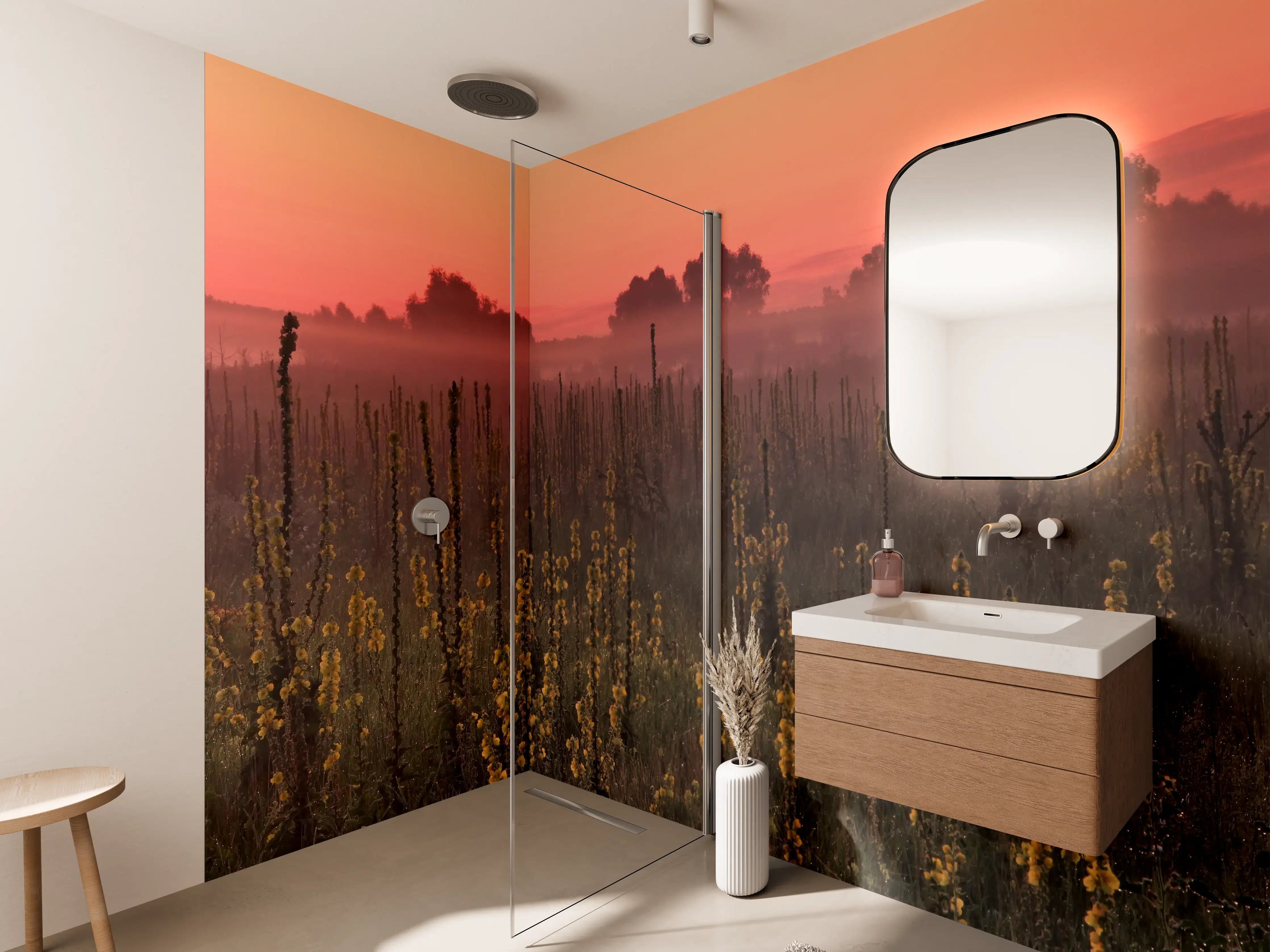 Wandverkleidung Bad - Sonnenaufgang über Feldern mit Blüten