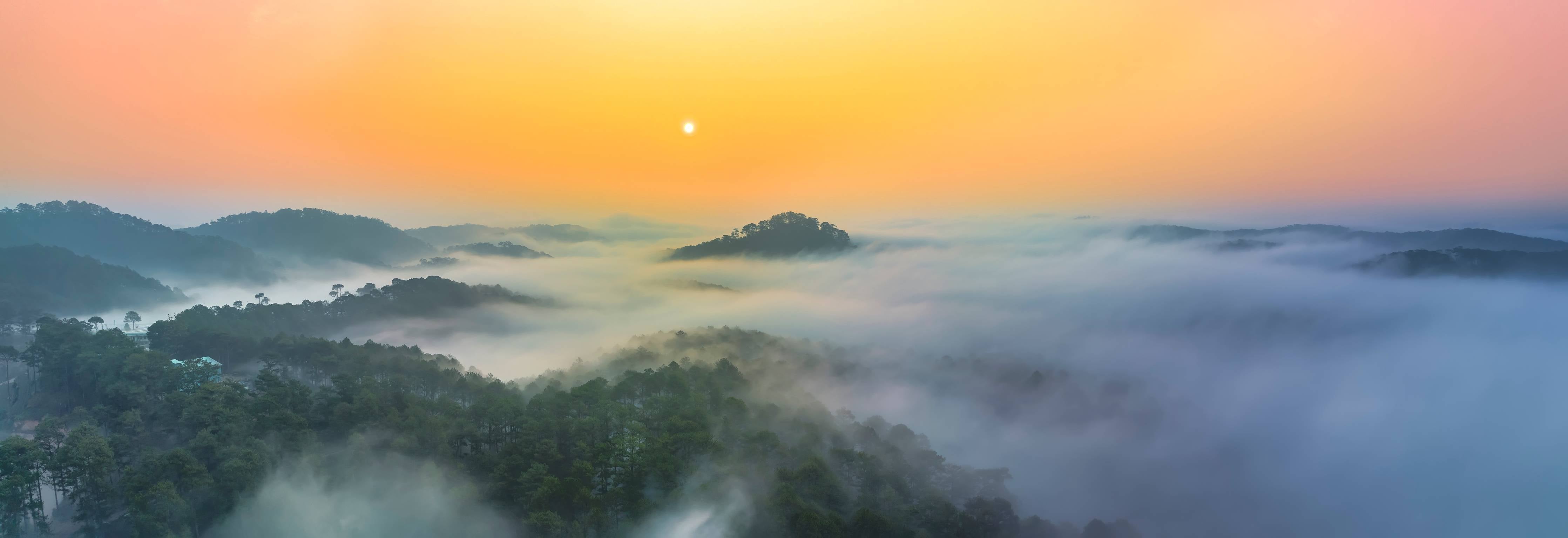 Wandverkleidung Bad-Sonnenaufgang über nebelverhülltem Wald