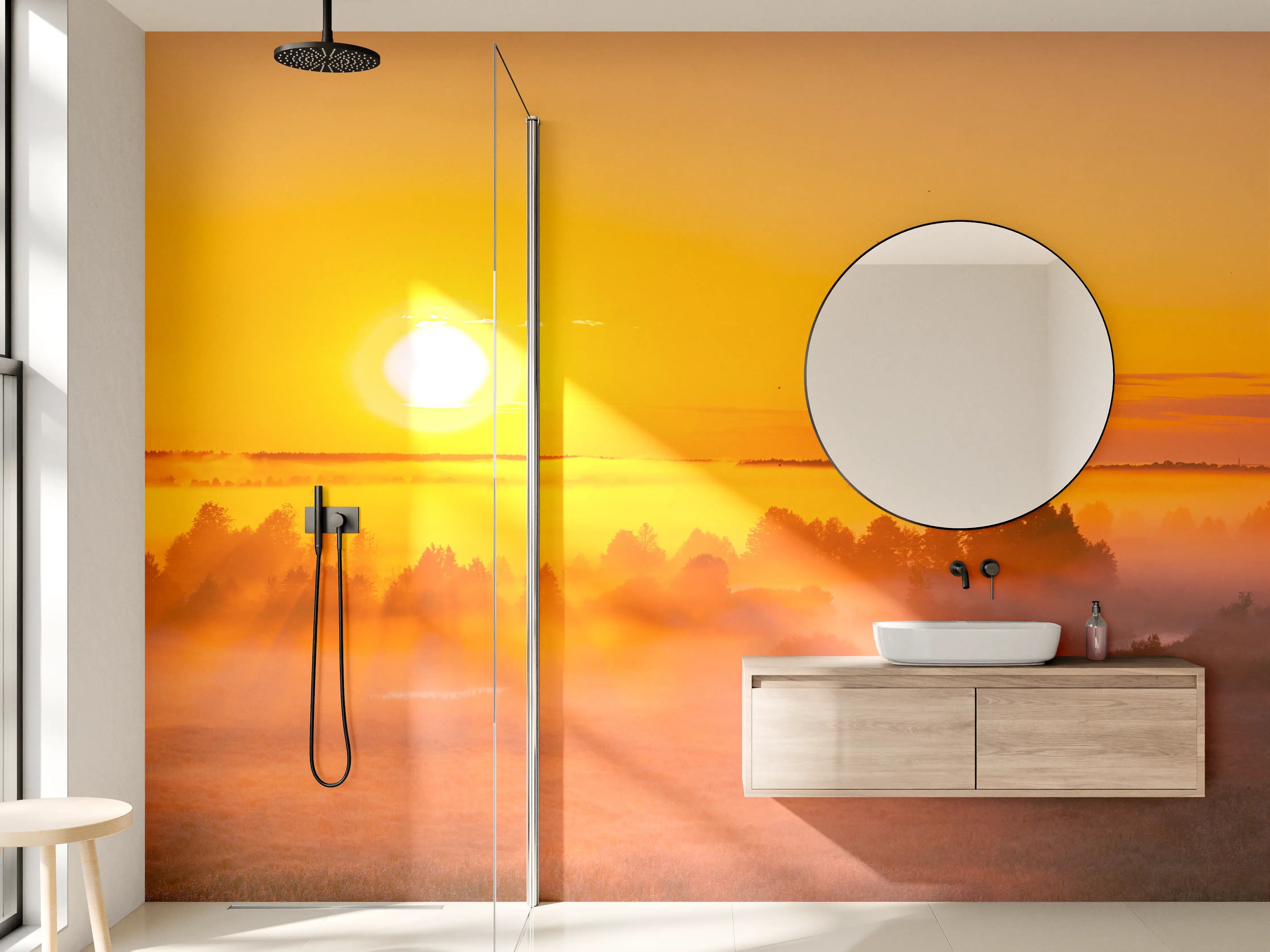 Wandverkleidung Bad - Sonnenaufgang über nebligem Feld