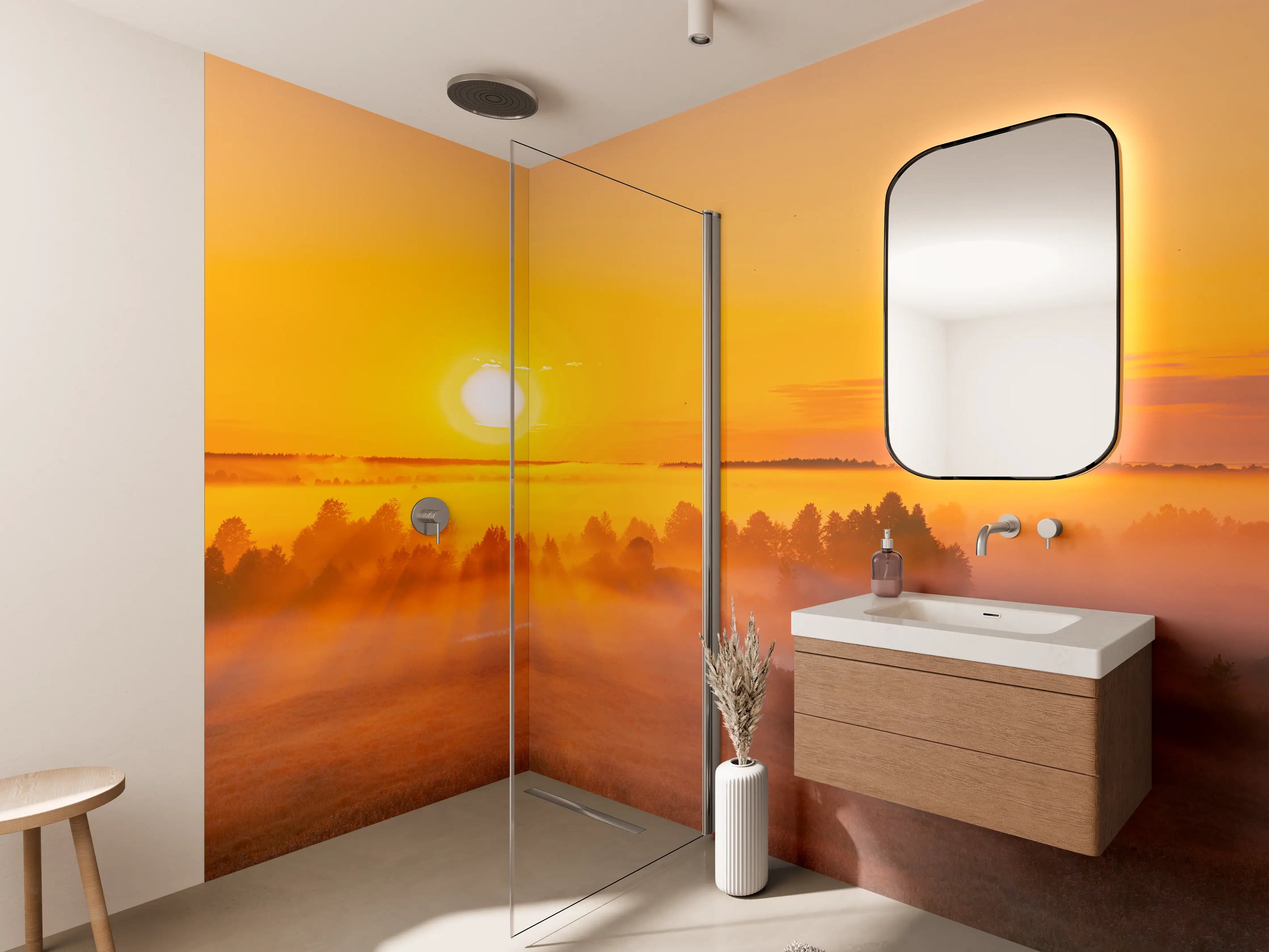 Wandverkleidung Bad - Sonnenaufgang über nebligem Feld