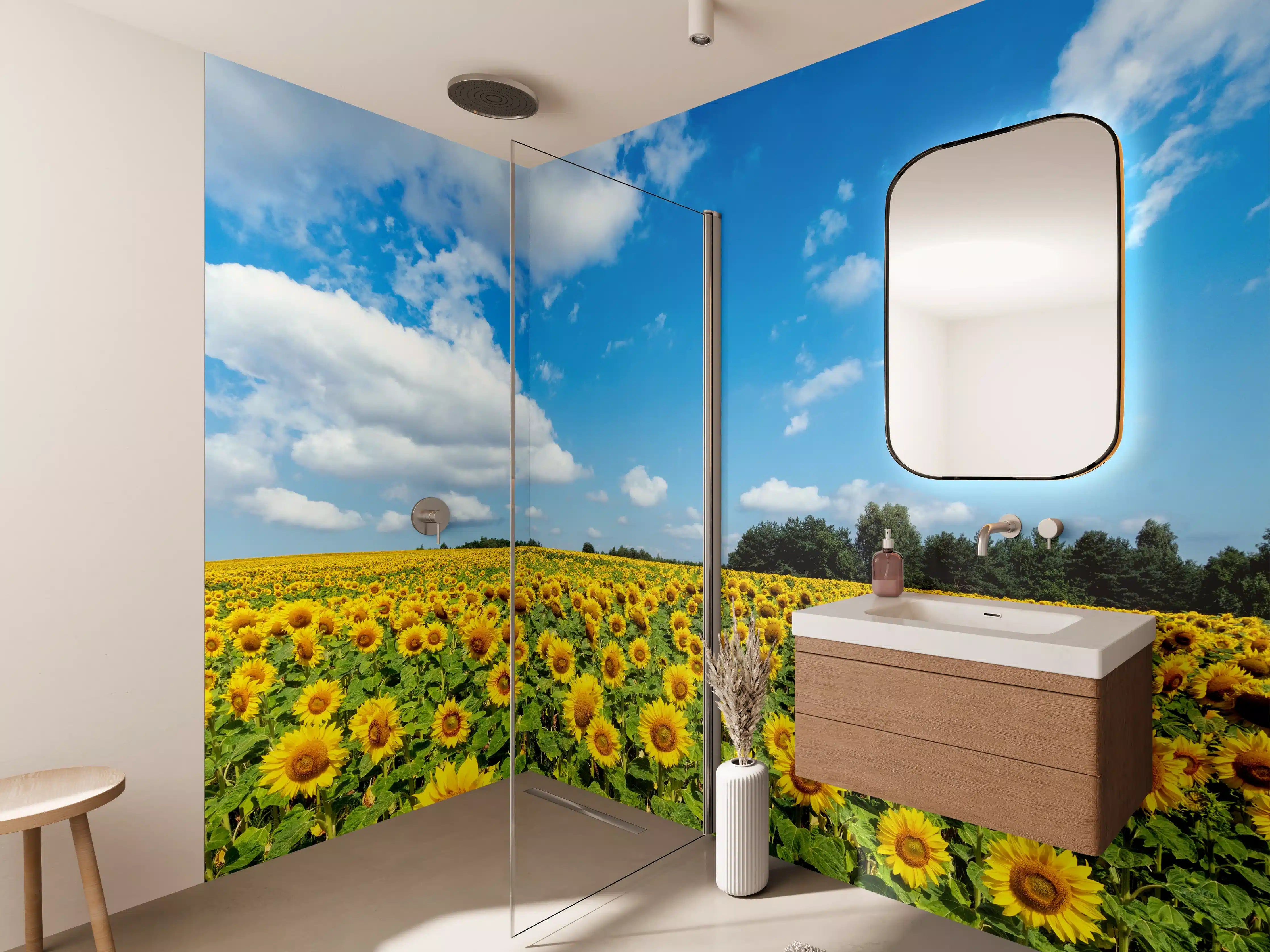 Wandverkleidung Bad - Sonnenblumenfeld unter blauem Himmel