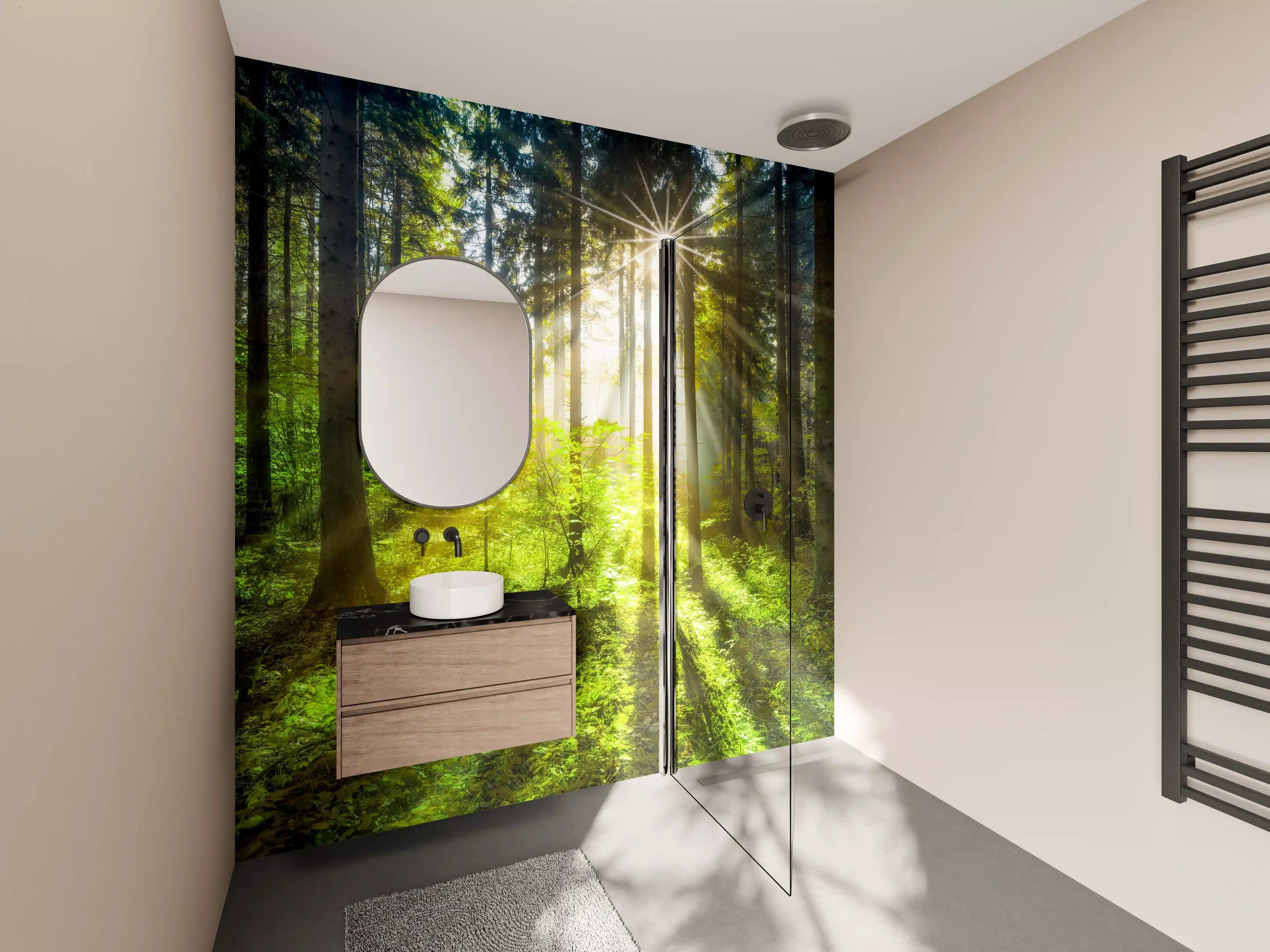 Wandverkleidung Bad - Sonnenstrahlen im lebendigem Wald 