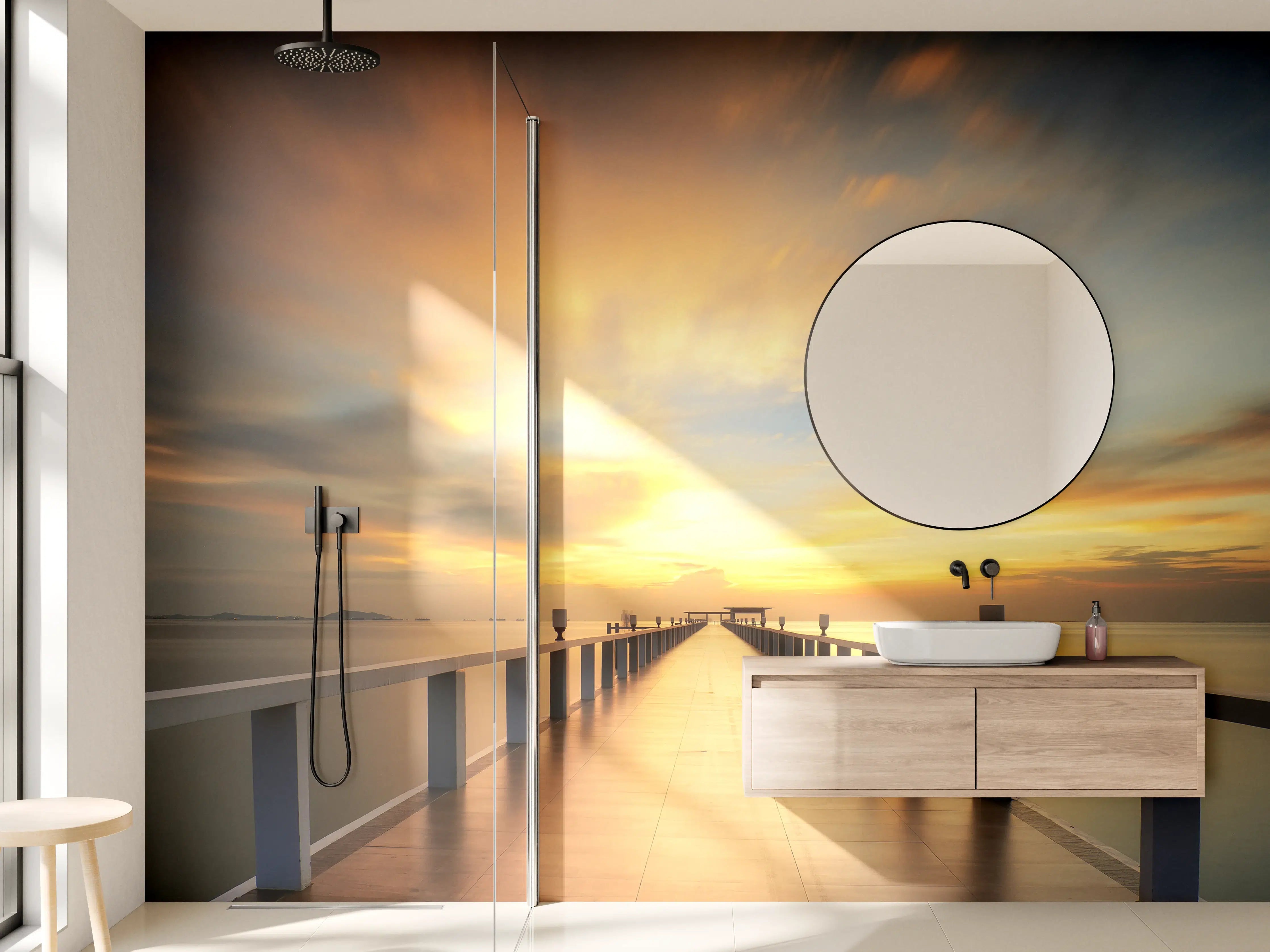 Wandverkleidung Bad - Sonnenuntergang am Meer über dem Pier