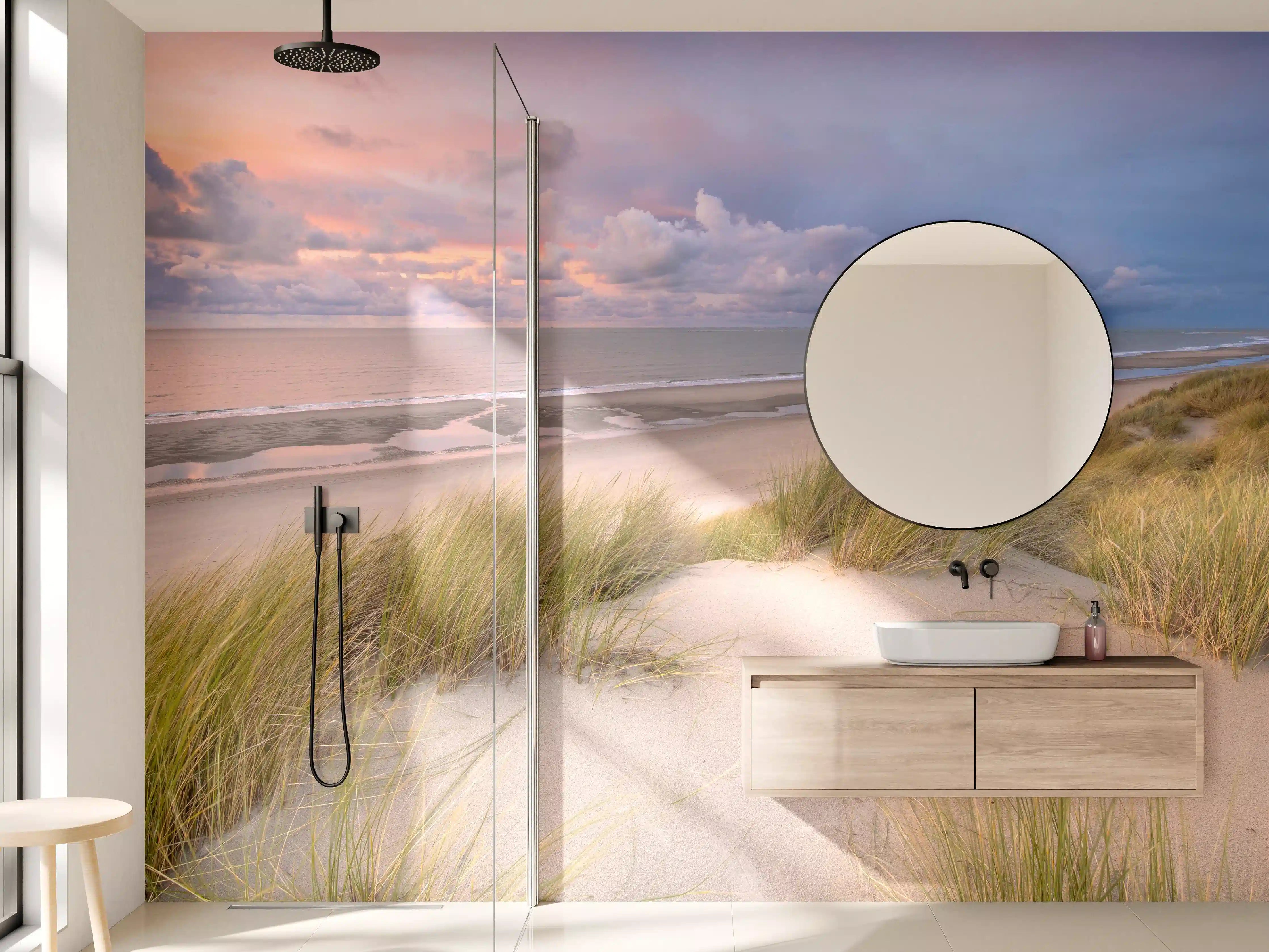 Wandverkleidung Bad - Sonnenuntergang am Strand mit Dünen und Gräsern