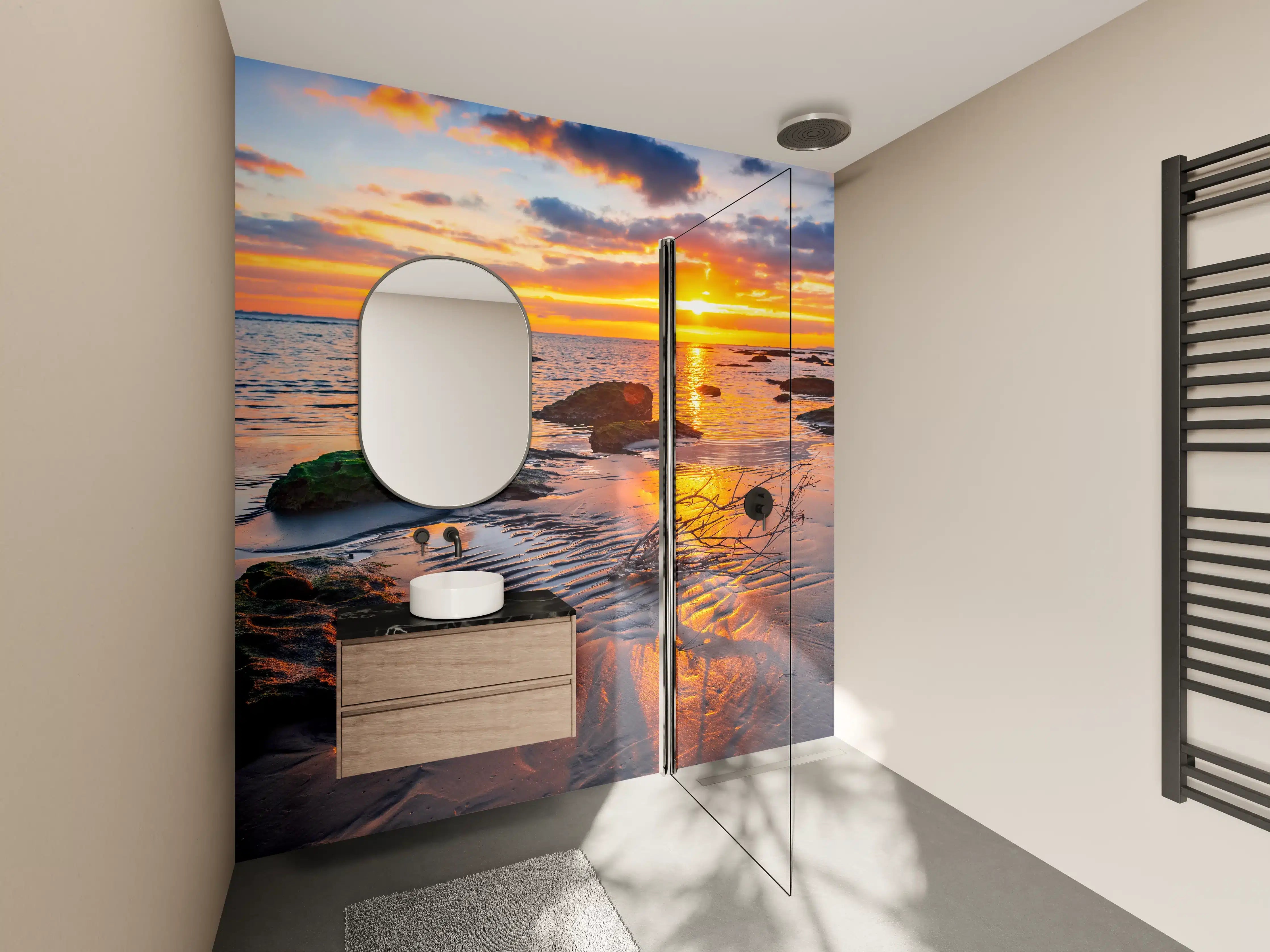 Wandverkleidung Bad - Sonnenuntergang am Strand mit Felsen und Wasser