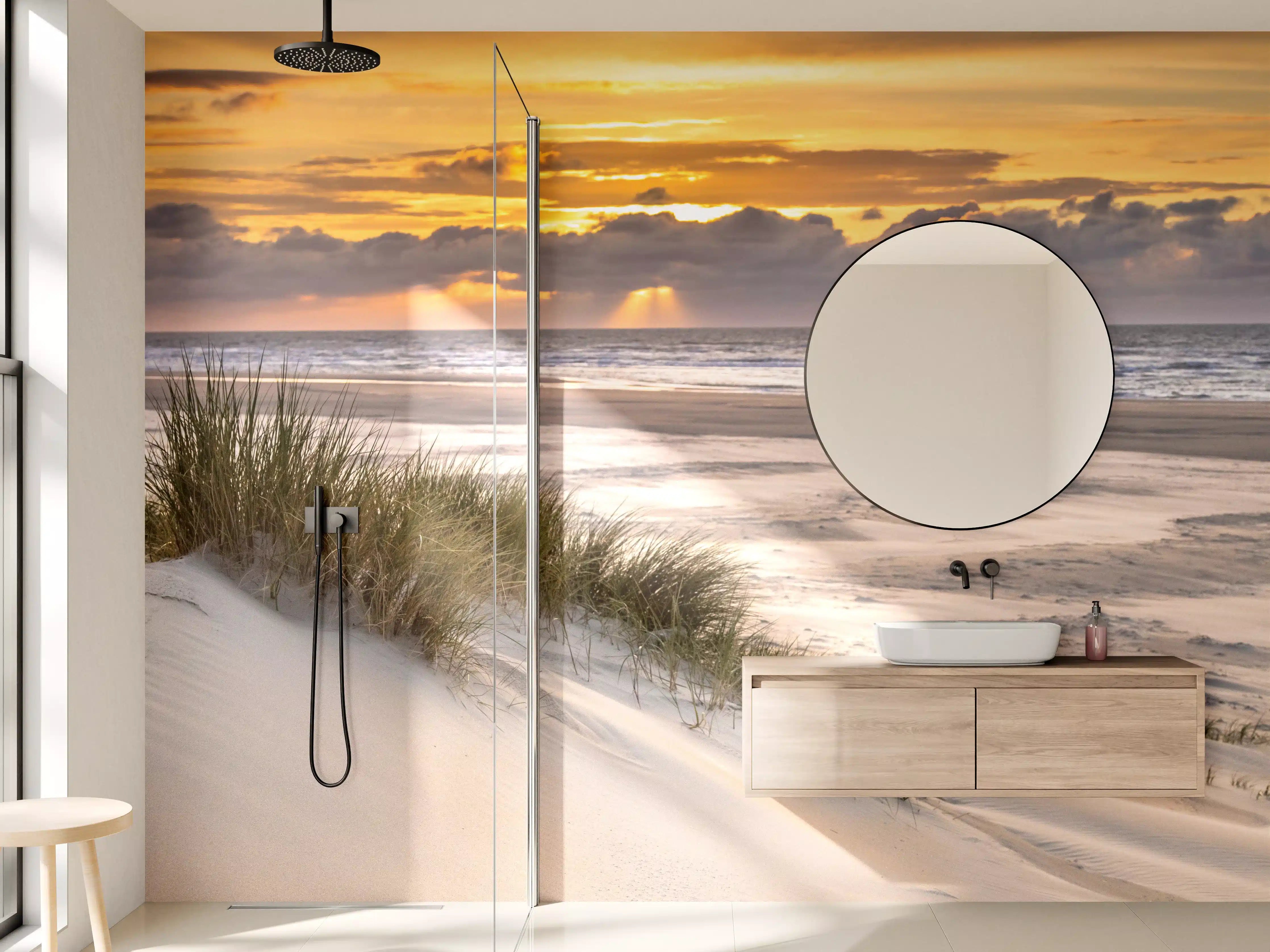 Wandverkleidung Bad - Sonnenuntergang am Strand mit Sanddünen