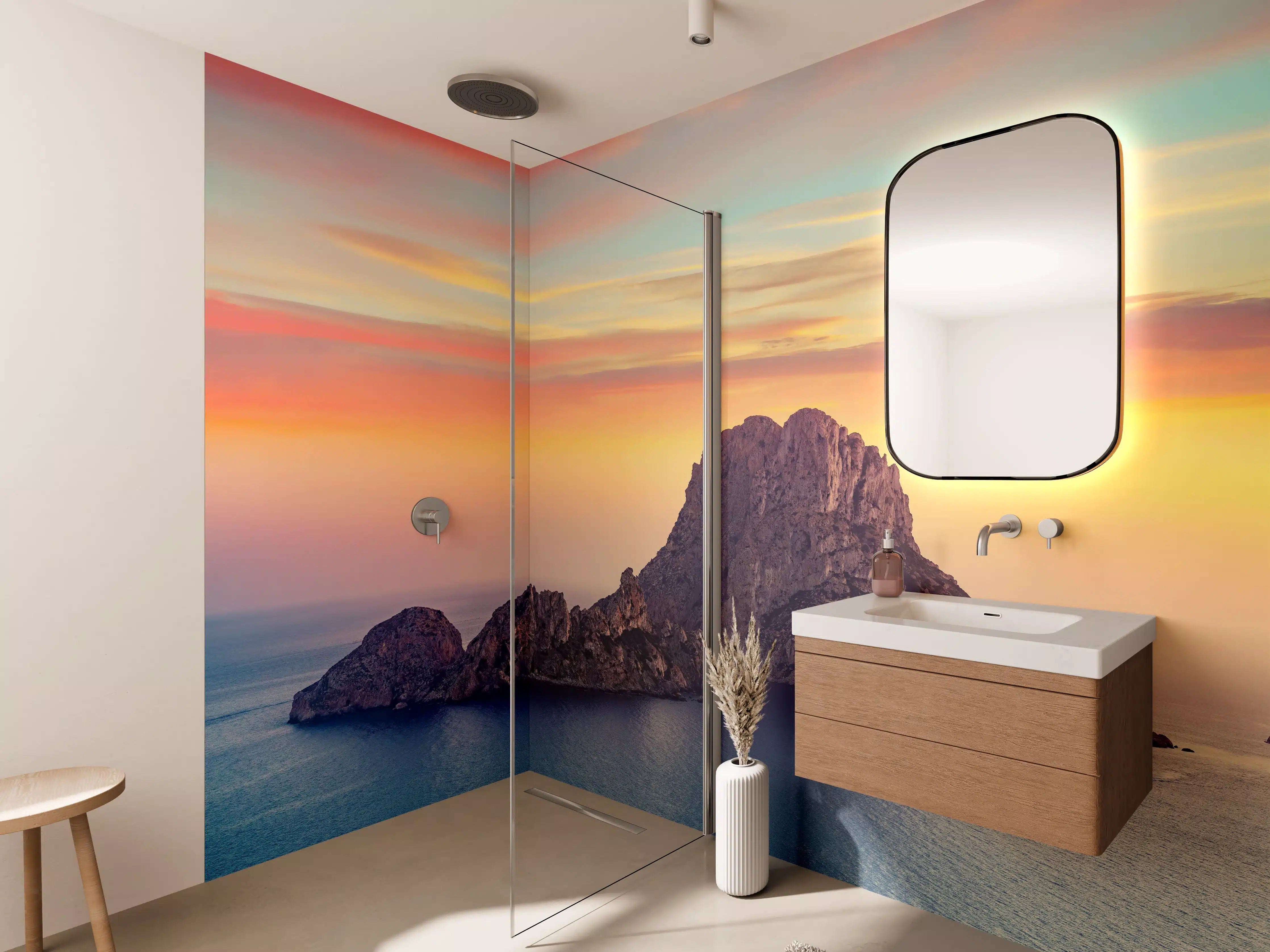 Wandverkleidung Bad - Sonnenuntergang auf der Insel Es Vedra auf den Balearen
