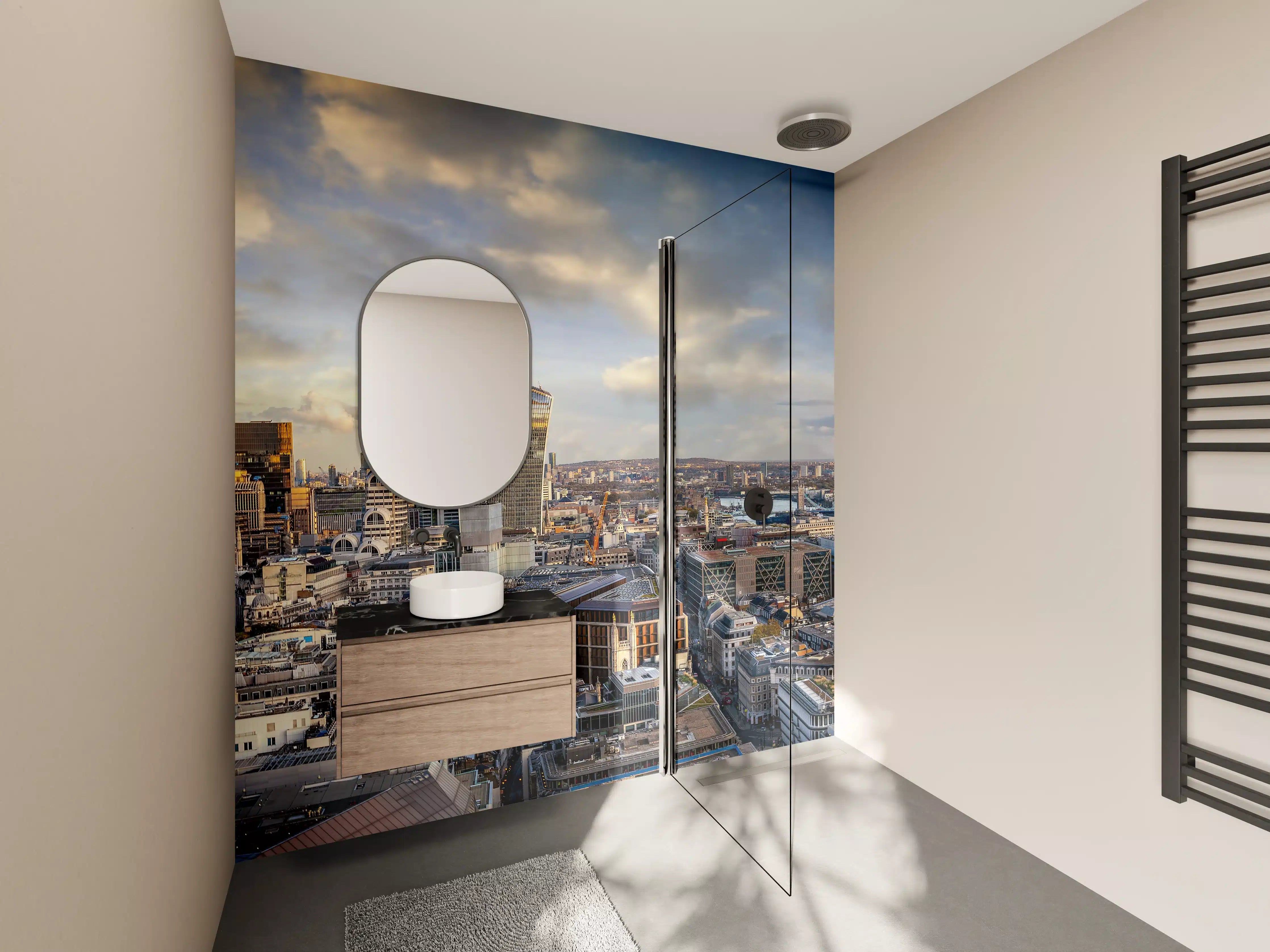 Wandverkleidung Bad - Sonnenuntergang hinter Londoner Skyline