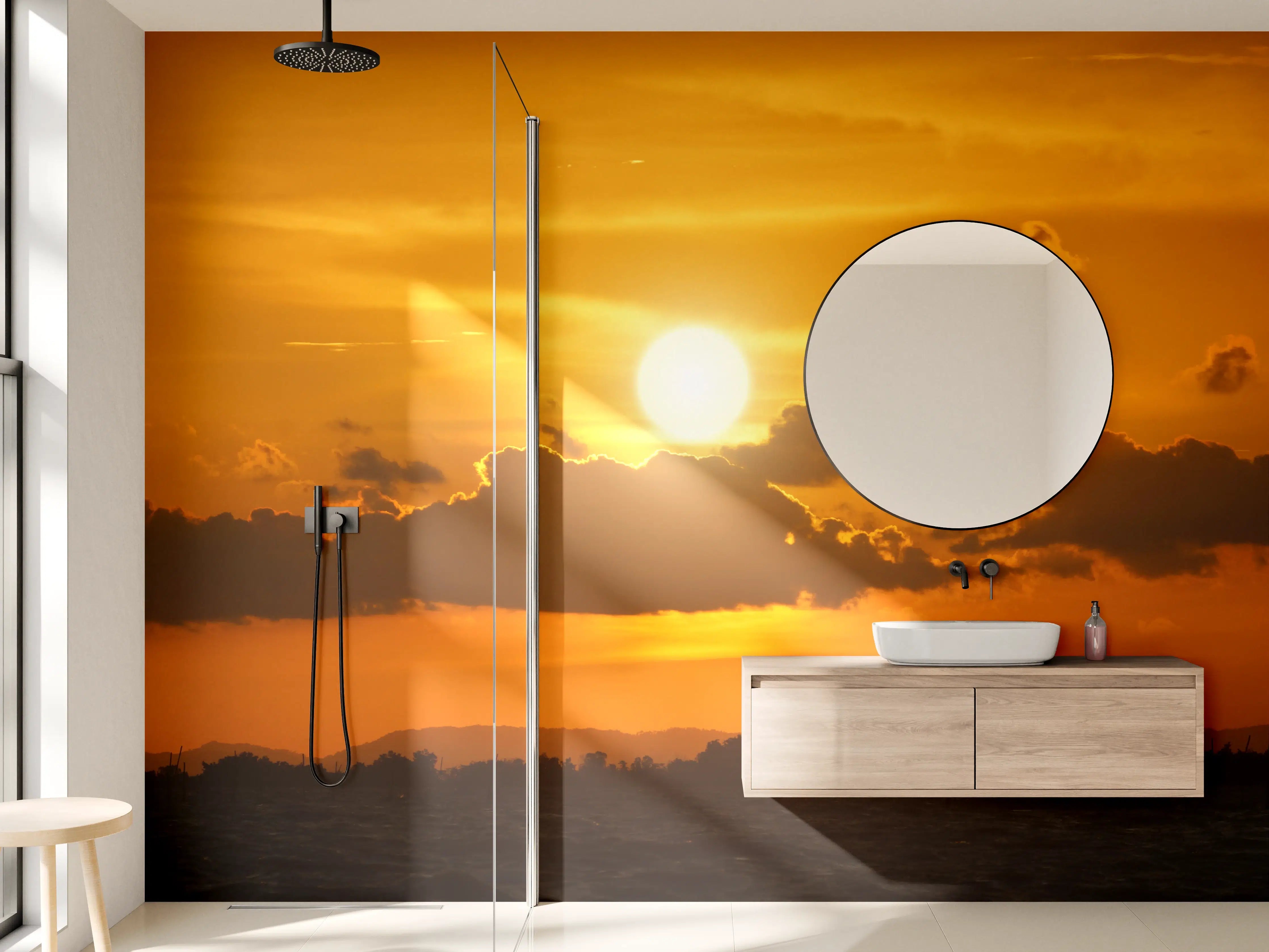 Wandverkleidung Bad - Sonnenuntergang mit goldorangefarbenem Himmel
