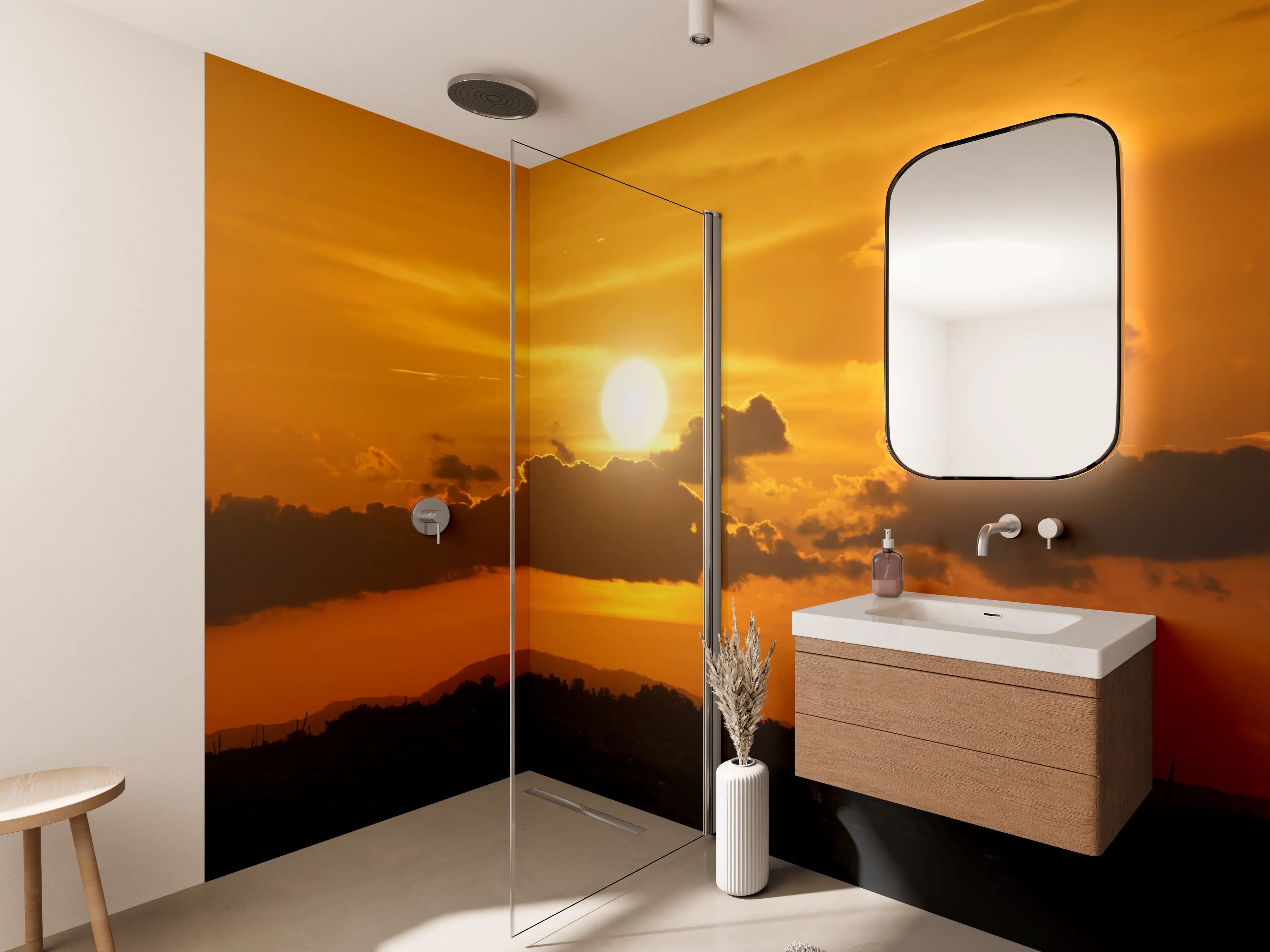 Wandverkleidung Bad - Sonnenuntergang mit goldorangefarbenem Himmel