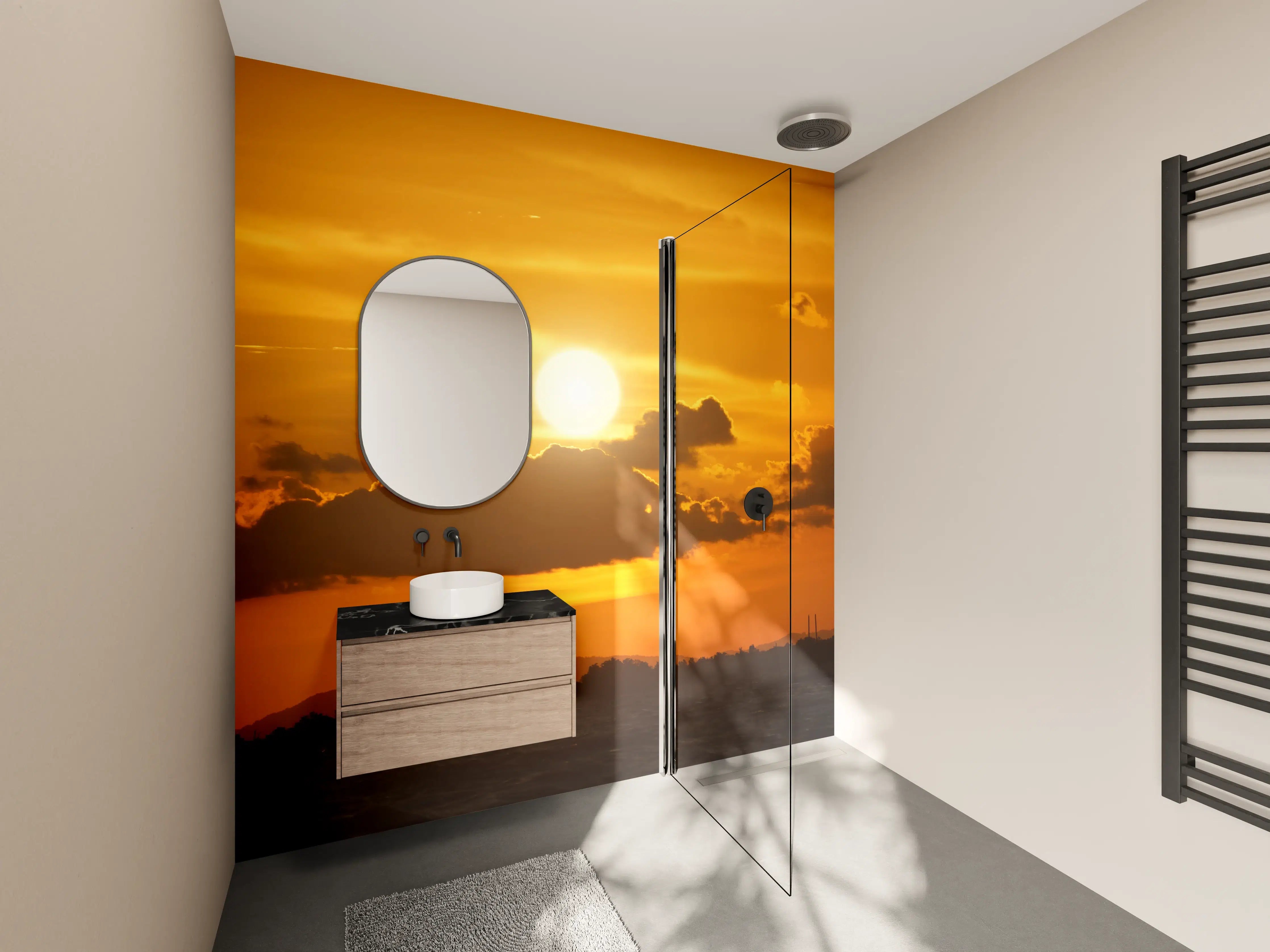 Wandverkleidung Bad - Sonnenuntergang mit goldorangefarbenem Himmel