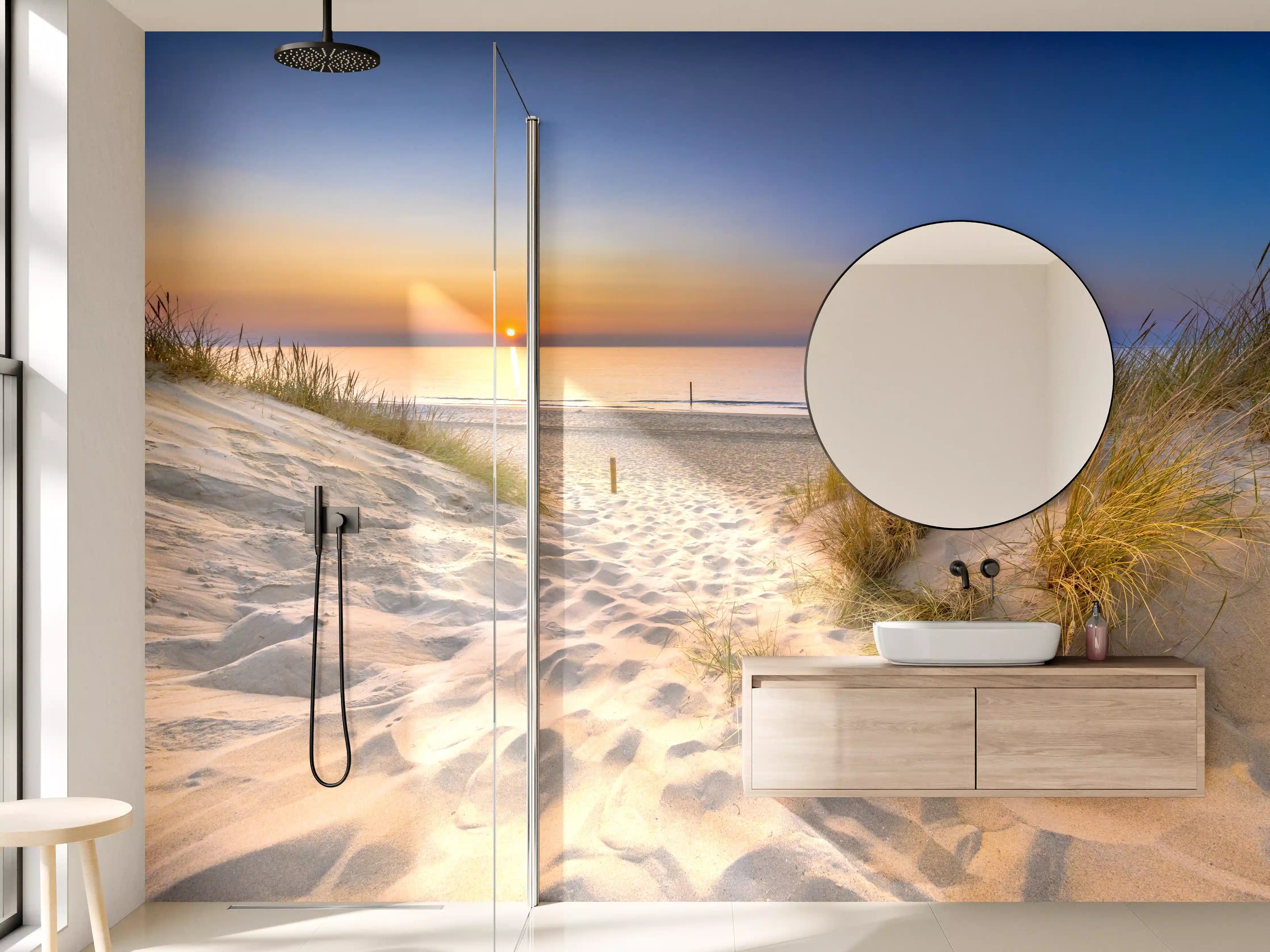 Wandverkleidung Bad - Sonnenuntergang über dem Strand mit Dünen