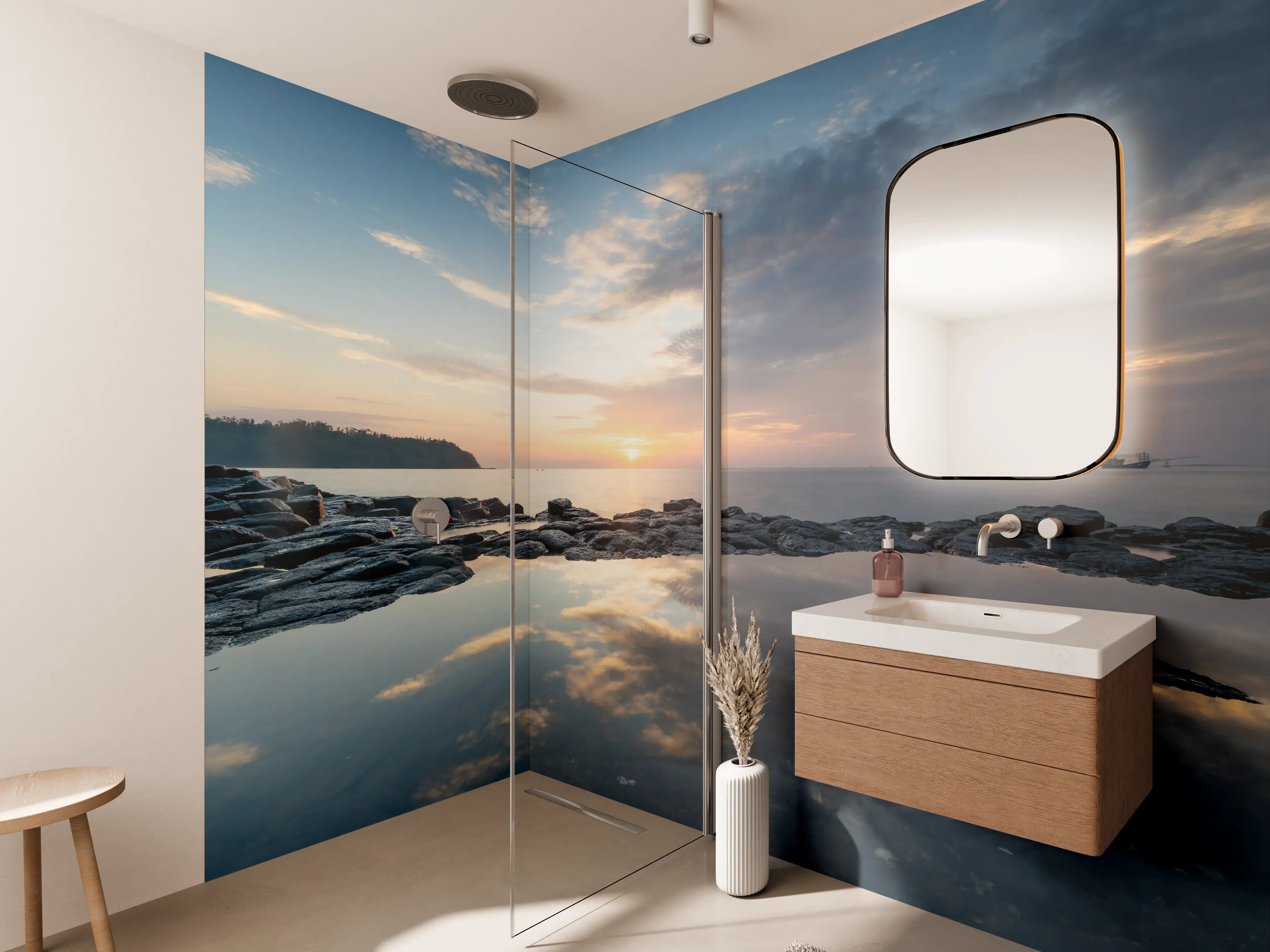 Wandverkleidung Bad - Sonnenuntergang über dem Wasser mit bewölktem Himmel