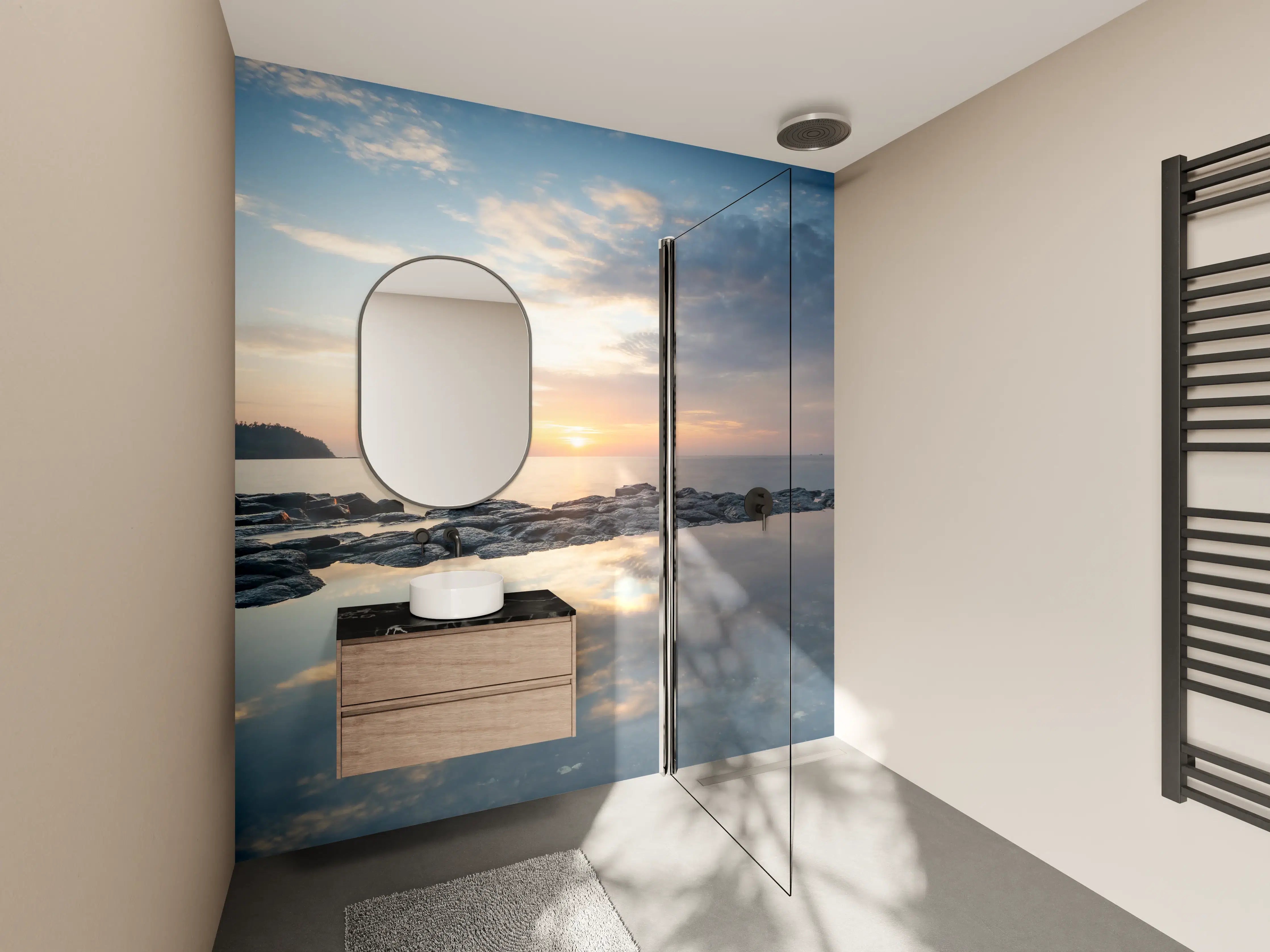 Wandverkleidung Bad - Sonnenuntergang über dem Wasser mit bewölktem Himmel