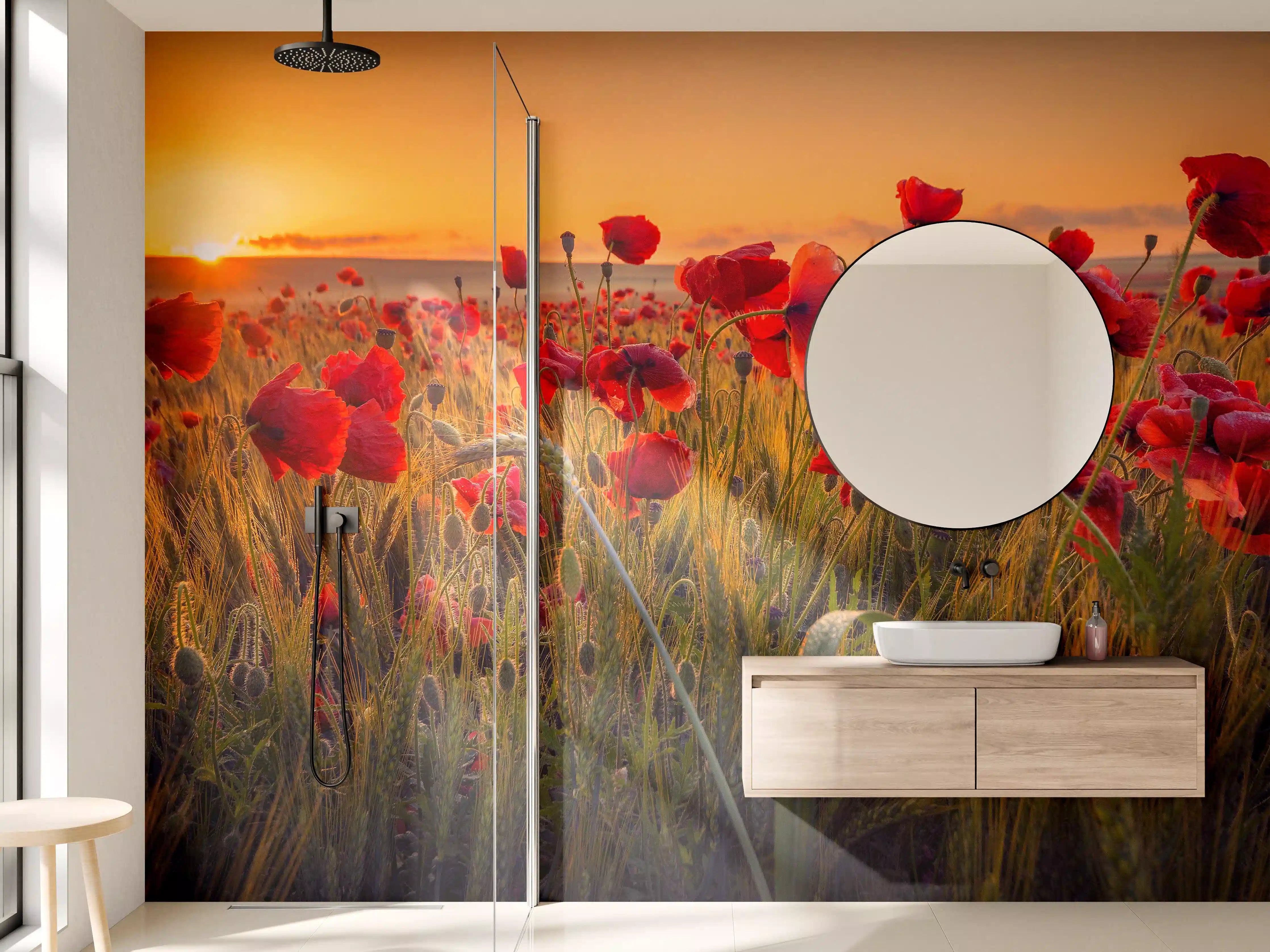 Wandverkleidung Bad - Sonnenuntergang über einem Mohnblumenfeld