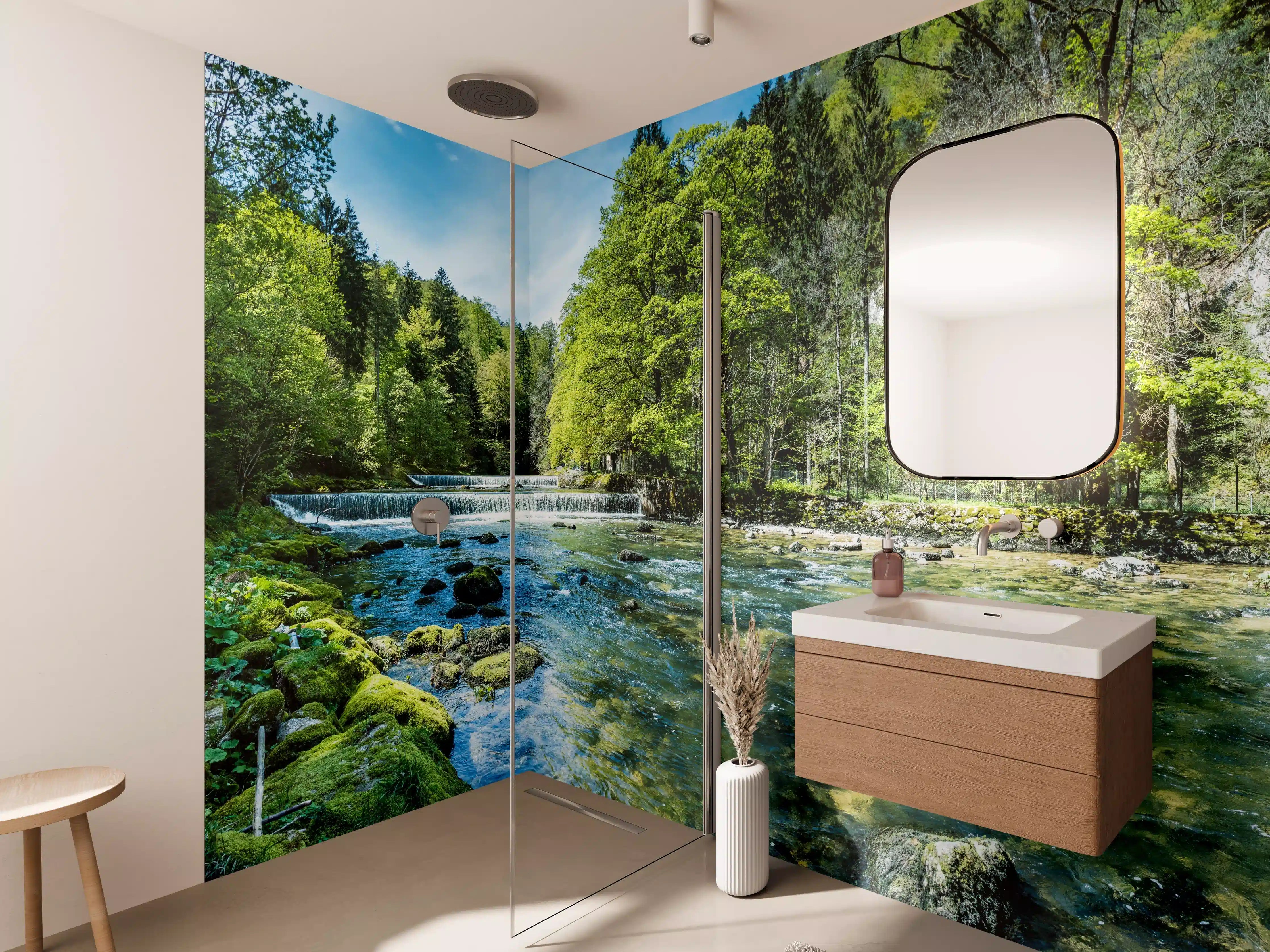Wandverkleidung Bad - Sonnige Flusslandschaft in der Schweiz