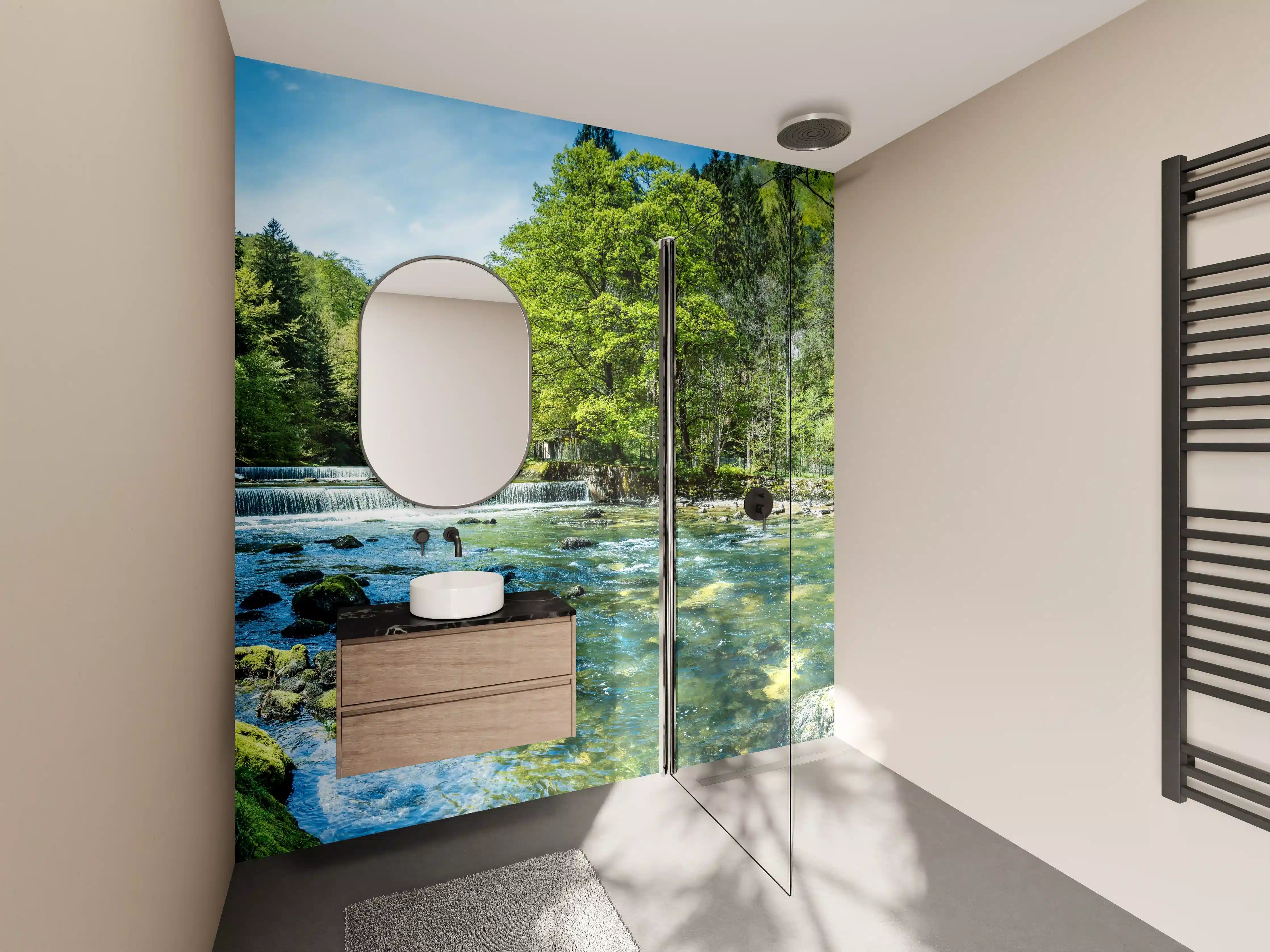 Wandverkleidung Bad - Sonnige Flusslandschaft in der Schweiz
