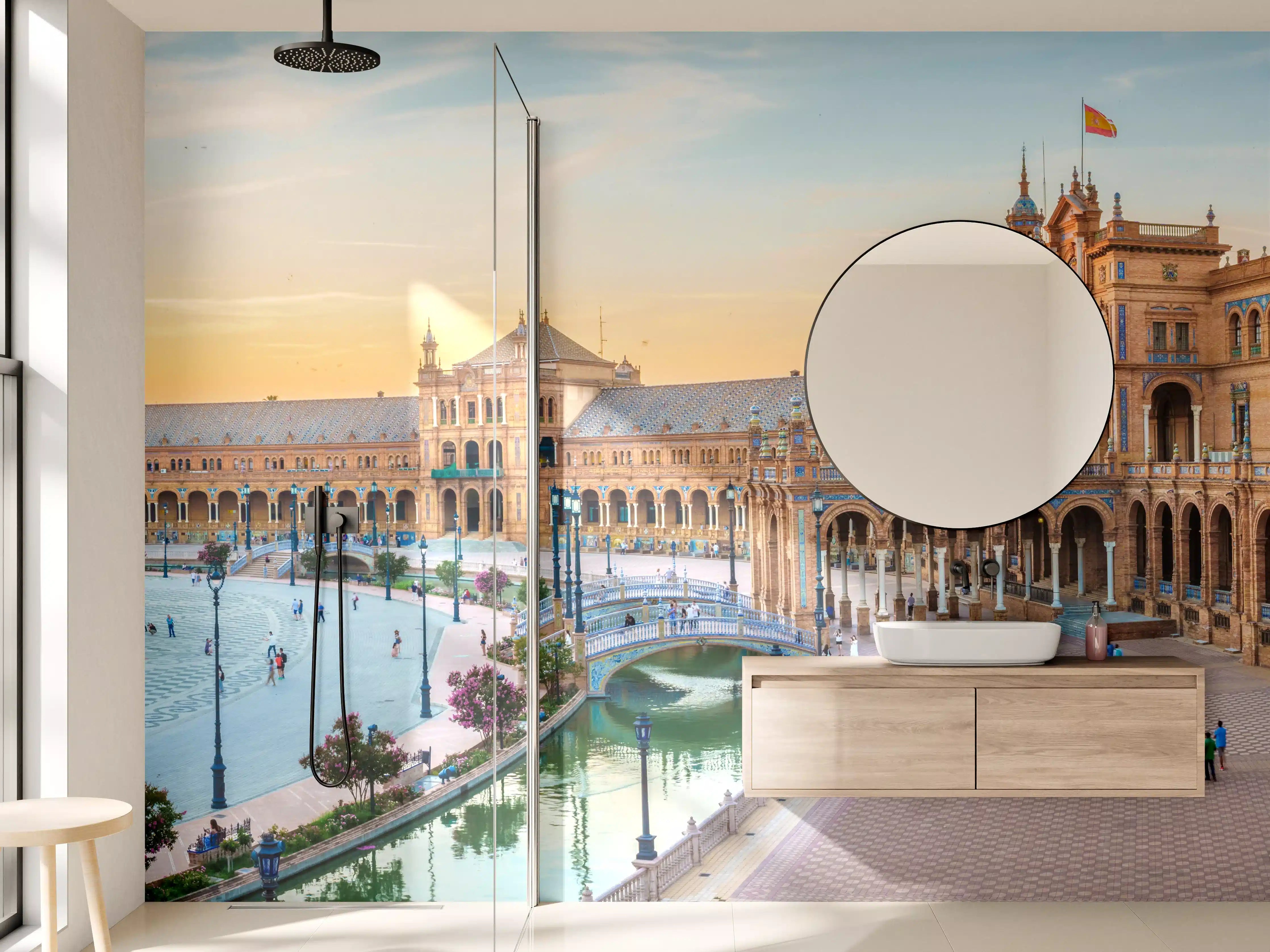 Wandverkleidung Bad - Spanisches Platzpanorama bei Sonnenuntergang