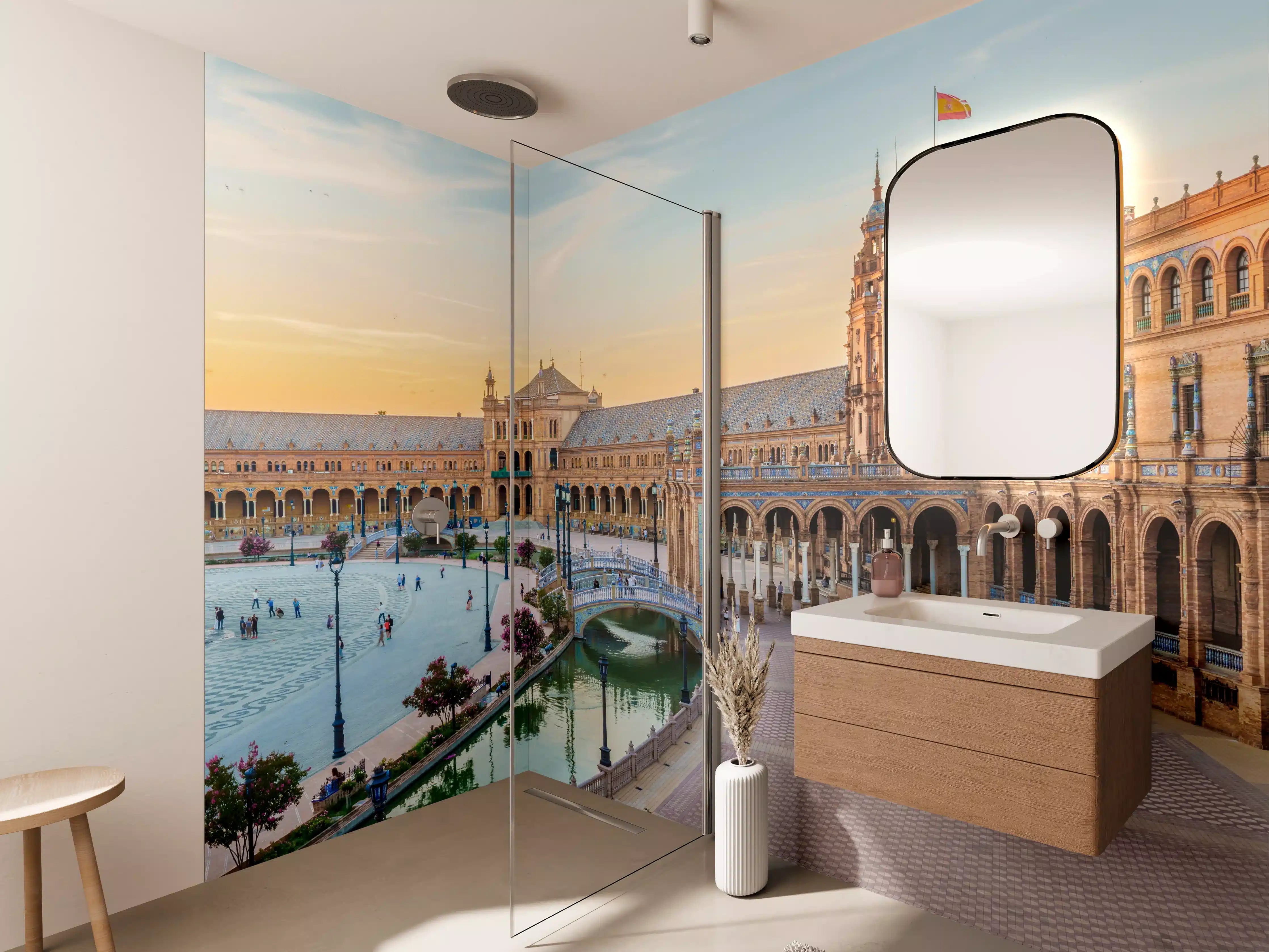 Wandverkleidung Bad - Spanisches Platzpanorama bei Sonnenuntergang